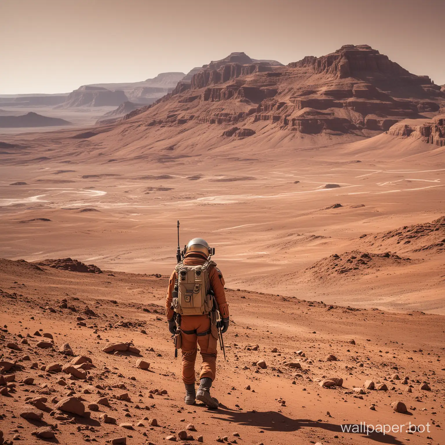Soldier on a deserted mountain plain on Mars