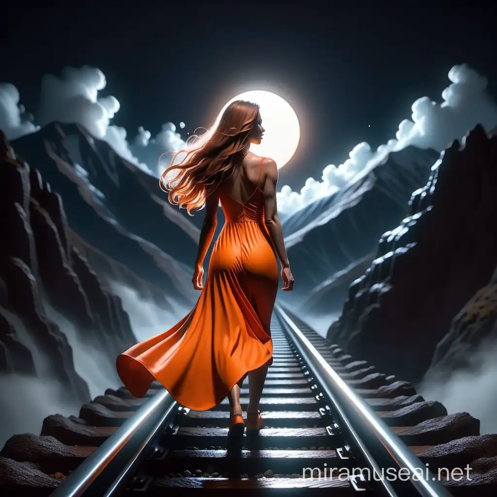 3D 8k minimal realstic illustrator minimal woman with long hair walking on the rail dangerous train rail on the top of the mountain shinning and lightening her orange dress at the midnight 