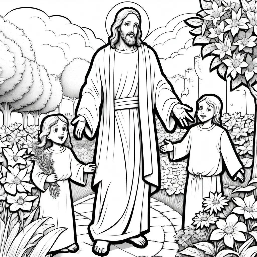 colouring page for kids , jesus taking to children in garden with lot flowers ,
animation style , thick lines , low detail , no shading --r 911
