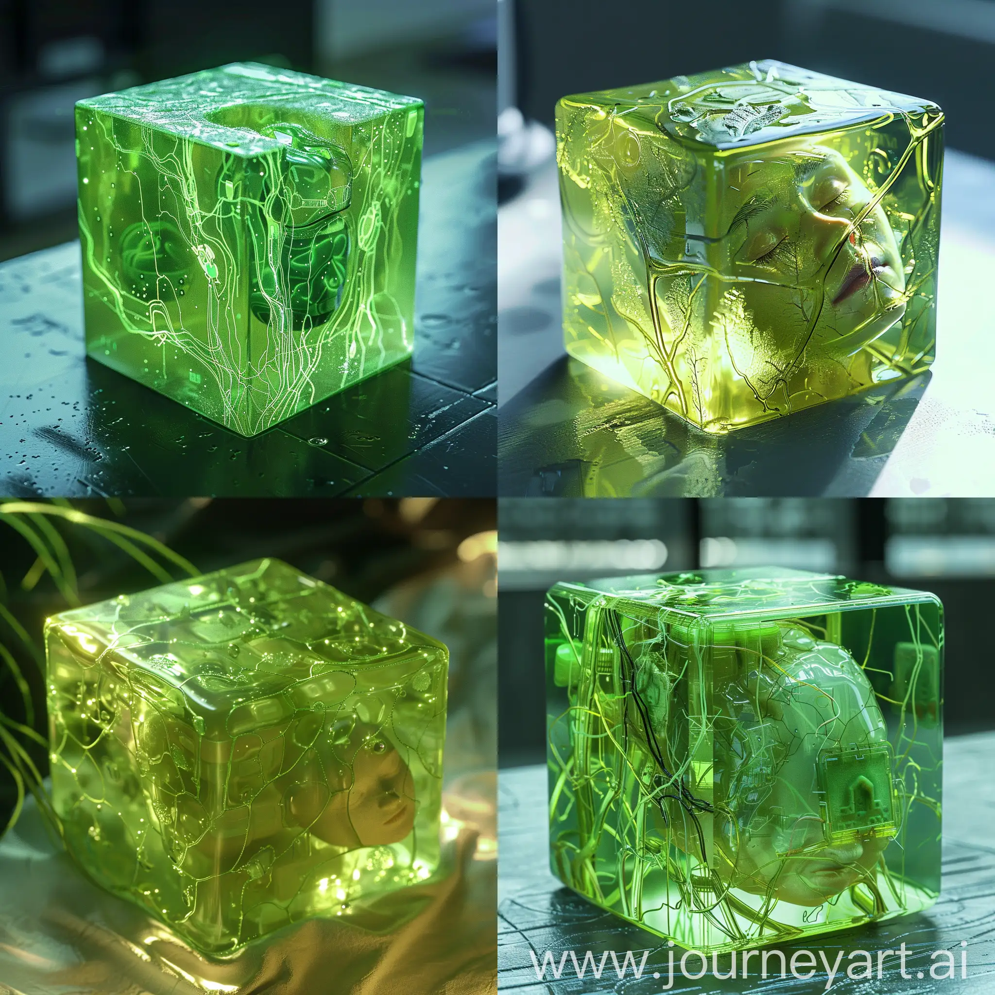 Cyberpunk-Human-Asleep-in-JellyTextured-Green-Plant-Cube