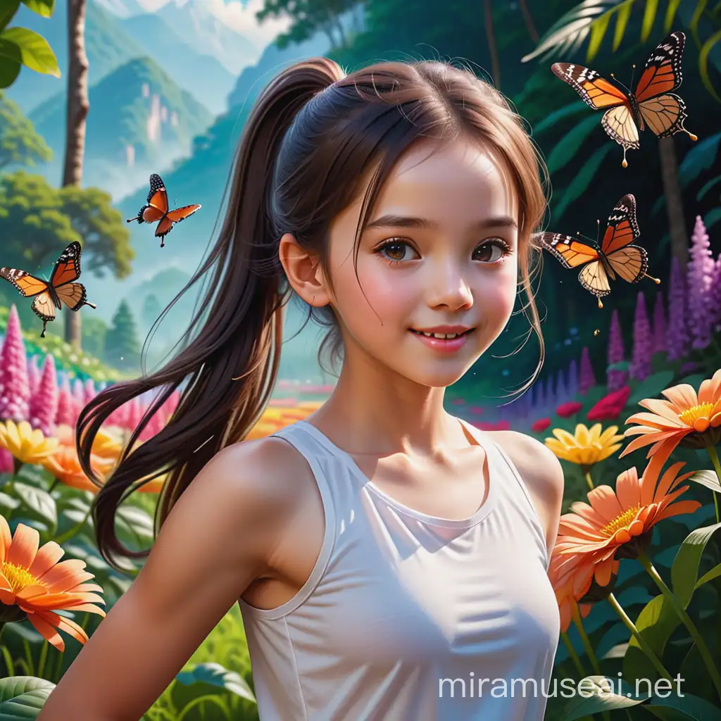 fotography hyper realistic, full HD, beautiful girl, beautiful white skin and glow, 10 year old, hair in a ponytail, chasing beautiful colorful butterflies in a large flower garden with a backdrop of exotic forest and high mountains, beautiful girl it runs like it's floating without touching the ground, curiosity and a happy smile radiate on its face, original photo from the live dramatic film, inspired by Rudy Siswanto, 💕 🎀 , realistic photo beauty, portrait photography, UHD 46k, detail body, super realistic HD 100% beauty girl.