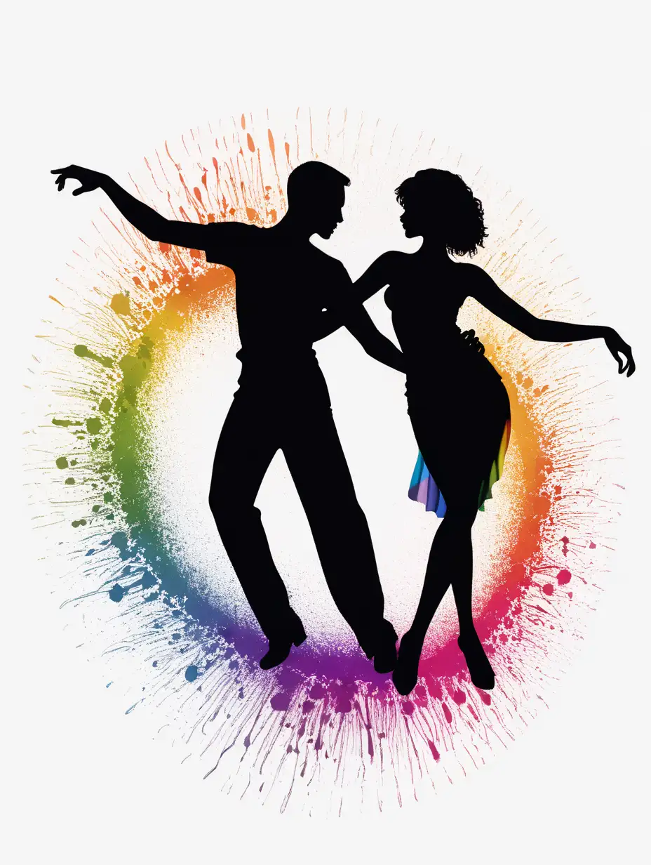 Salsa Dance Poses Modern Silhouette with Rainbow Splashes