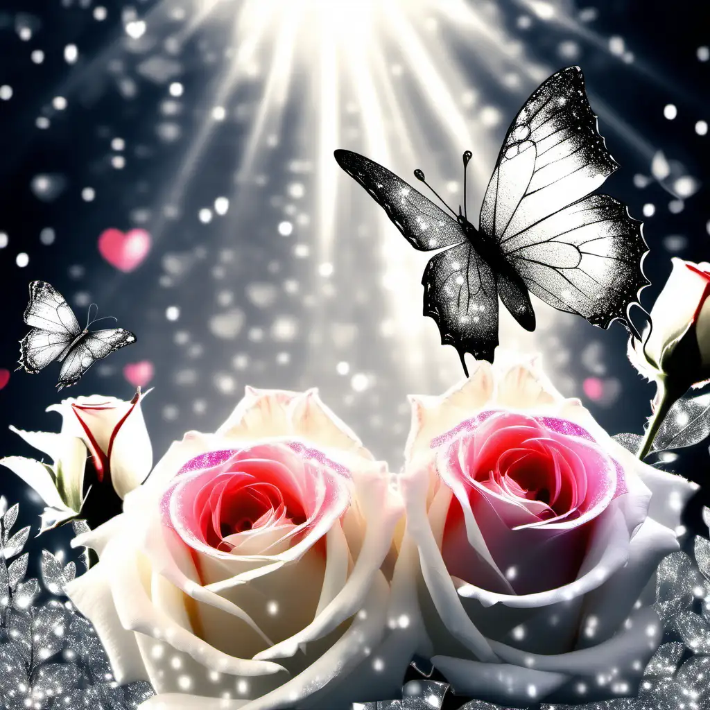 Enchanting Winter Scene with Roses Butterflies and Linked Hearts