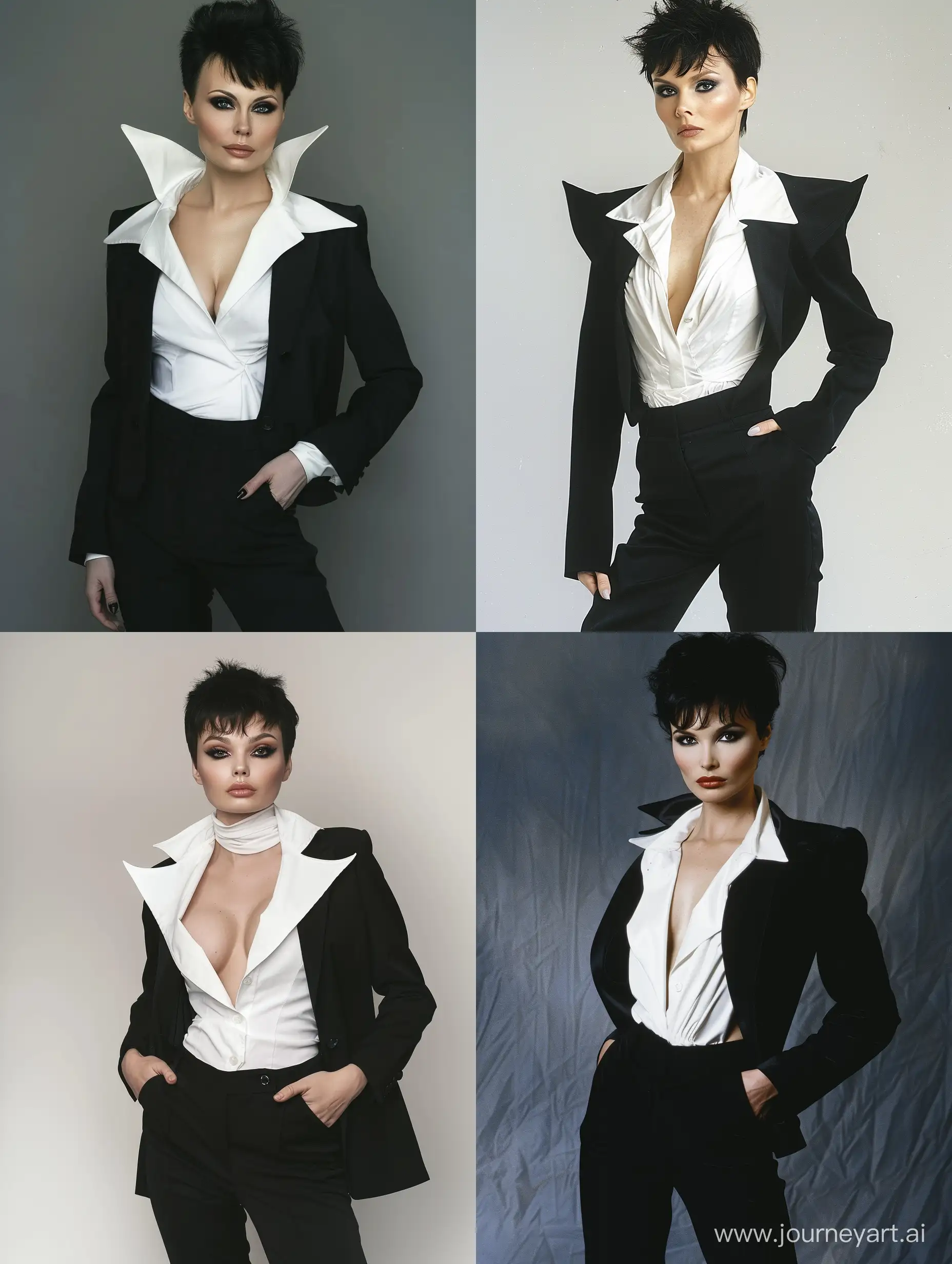 Woman, 40 Years Old, Slavic, Russian, Slim Body, Black Hair, Short Pixie Hairstyle, Glamorous Makeup, Formal Black Pant Suit, White Blouse, Cleavage, Collarbone, Large Pointed Collar, 2000s Fashion, 2005, Retro, Russia, Photography, Realism