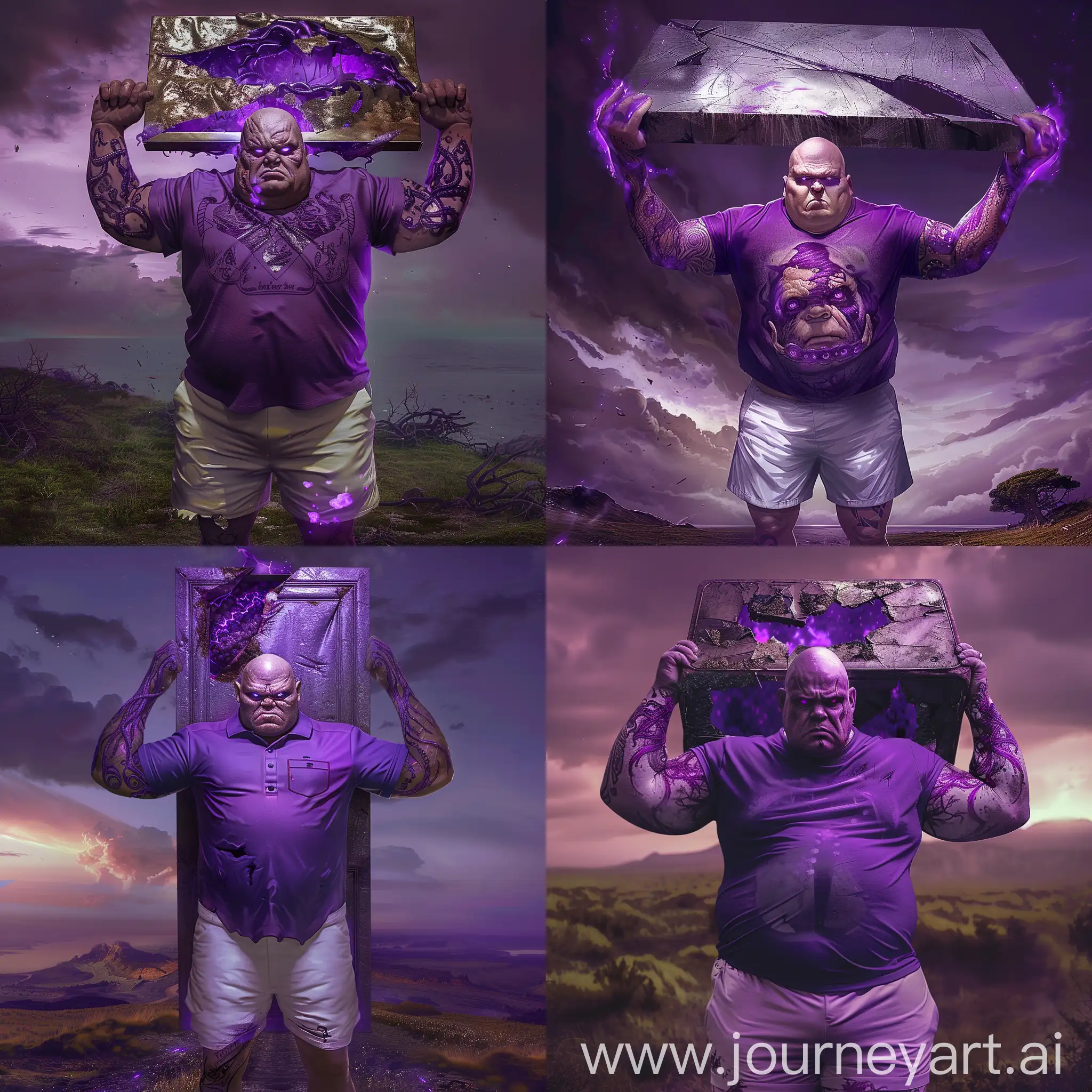 Intimidating-Strongman-with-Tentacle-Tattoos-Holds-Ripped-Metallic-Door-Against-Purple-Glow