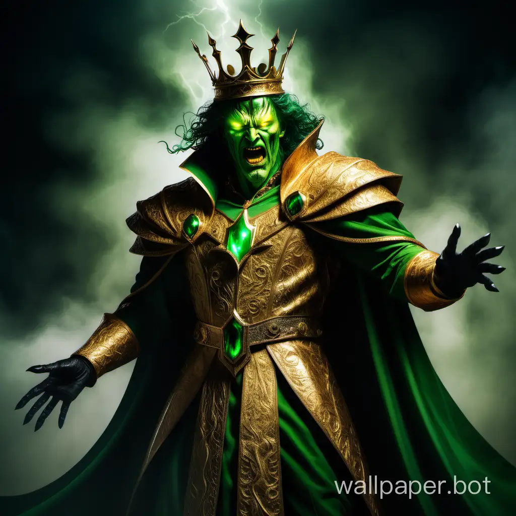 fearsome, wicked, and dreadful king in all his golden glory and glowing green eyes at full height
