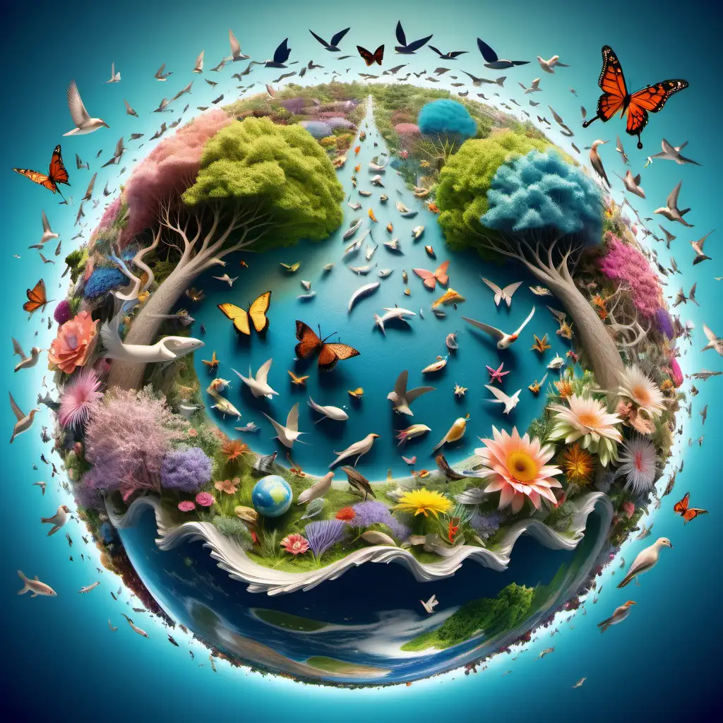 3d image of planet earth with trees, flowers and animals on the surface, and surrounded by birds, butterflies, bees and other flying creatures
and some fish in the oceans (no fish on land)
all in pastel colours
