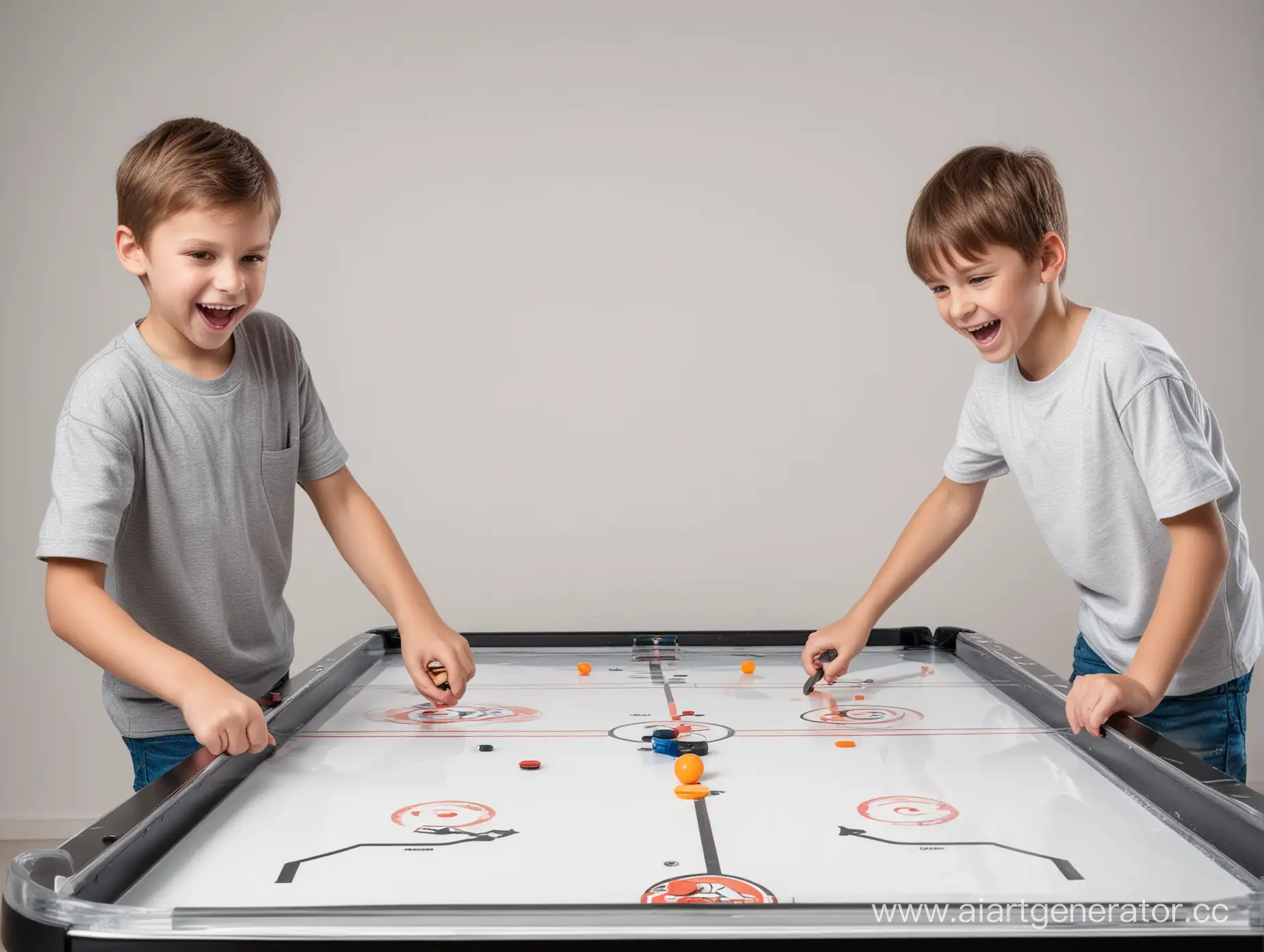 full-screen photo of two happy boys enjoy to play air hockey, clear white background, indoor lighting, professional photo, soft light,  happy scene, 32k resolution, best quality, photo-real, ultra-real, hyperrealization background， photography, captured from a Canon EOS 1DX Mark II, 400mm lens