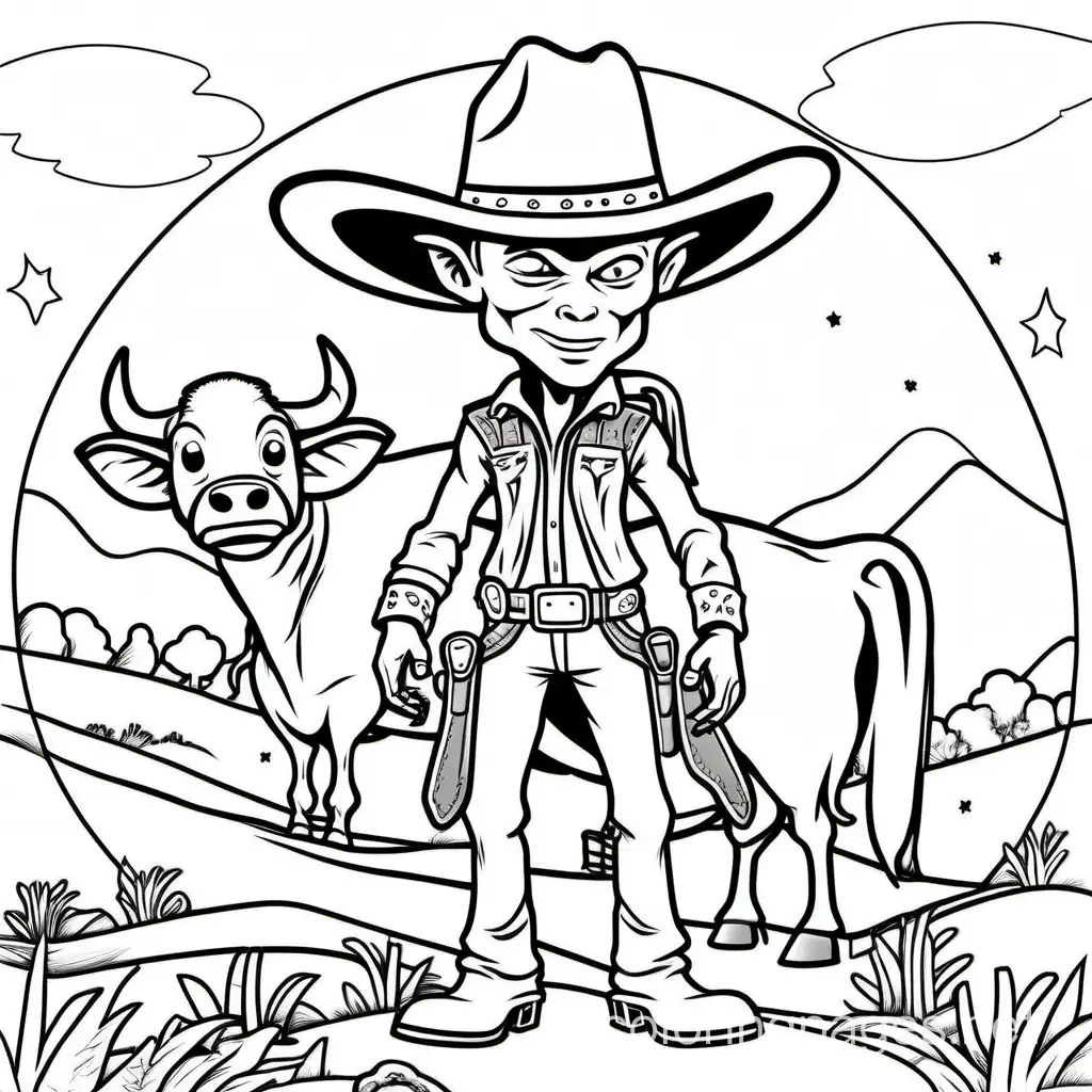 an alien cowboy with a cow, Coloring Page, black and white, line art, white background, Simplicity, Ample White Space. The background of the coloring page is plain white to make it easy for young children to color within the lines. The outlines of all the subjects are easy to distinguish, making it simple for kids to color without too much difficulty