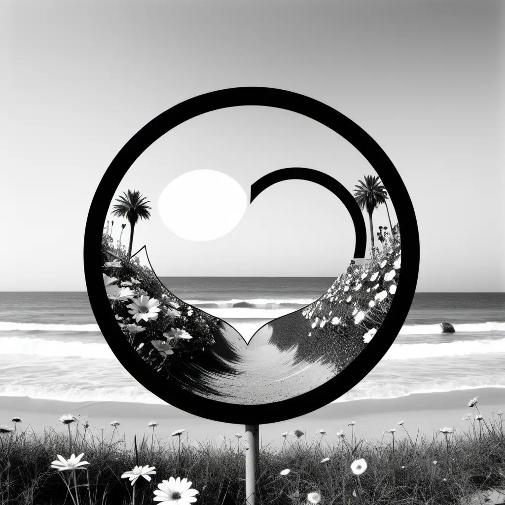 Retro Album Cover, Circle, electronic music, black and white, nature, flowers, love, beach