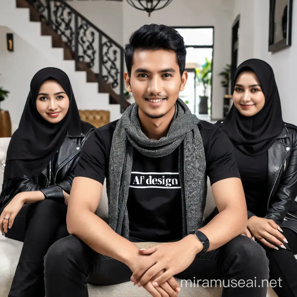 an indonesian man 25 years old short black hair wearing black t-shirt with text "AF DESIGN", and scarf on the neck. both hand on the cest. sitting on a couch in the middle of 2 women. the 2 women from indonesia, first woman 25 years old wavy black hair, wearing a black leather jacket, second woman wearing black hijab and black Muslim clothing, sit down on the chairs and smiling. looking at viewer, background luxury house, object very clear, ultra hd, image 4k