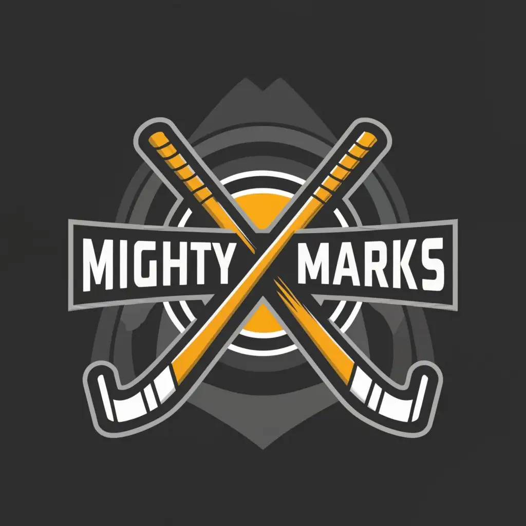 a logo design,with the text "Mighty Marks", main symbol:Hockey,complex,be used in Sports Fitness industry,clear background