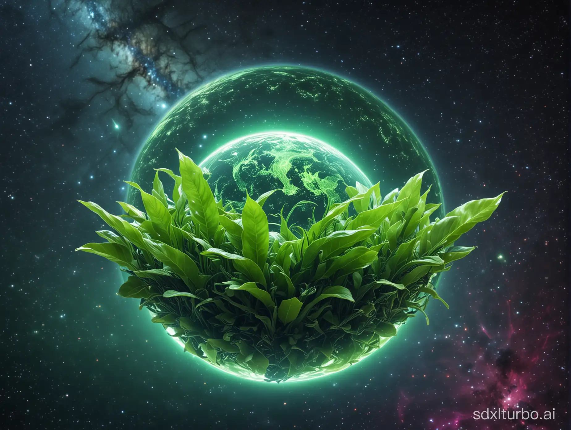 A fluorescent green tea leaf planet in a universe.