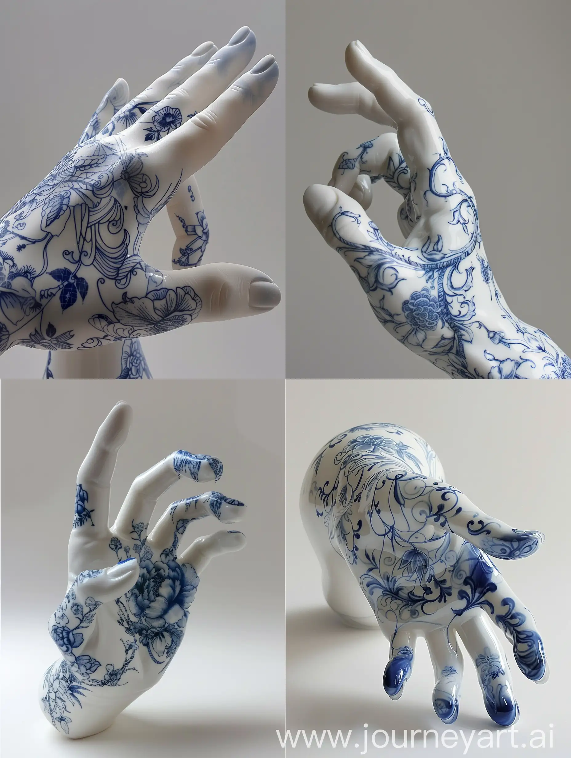 A porcelain hand sculpture, Imari ware style, featuring delicate blue and white, hyper realistic, 3d