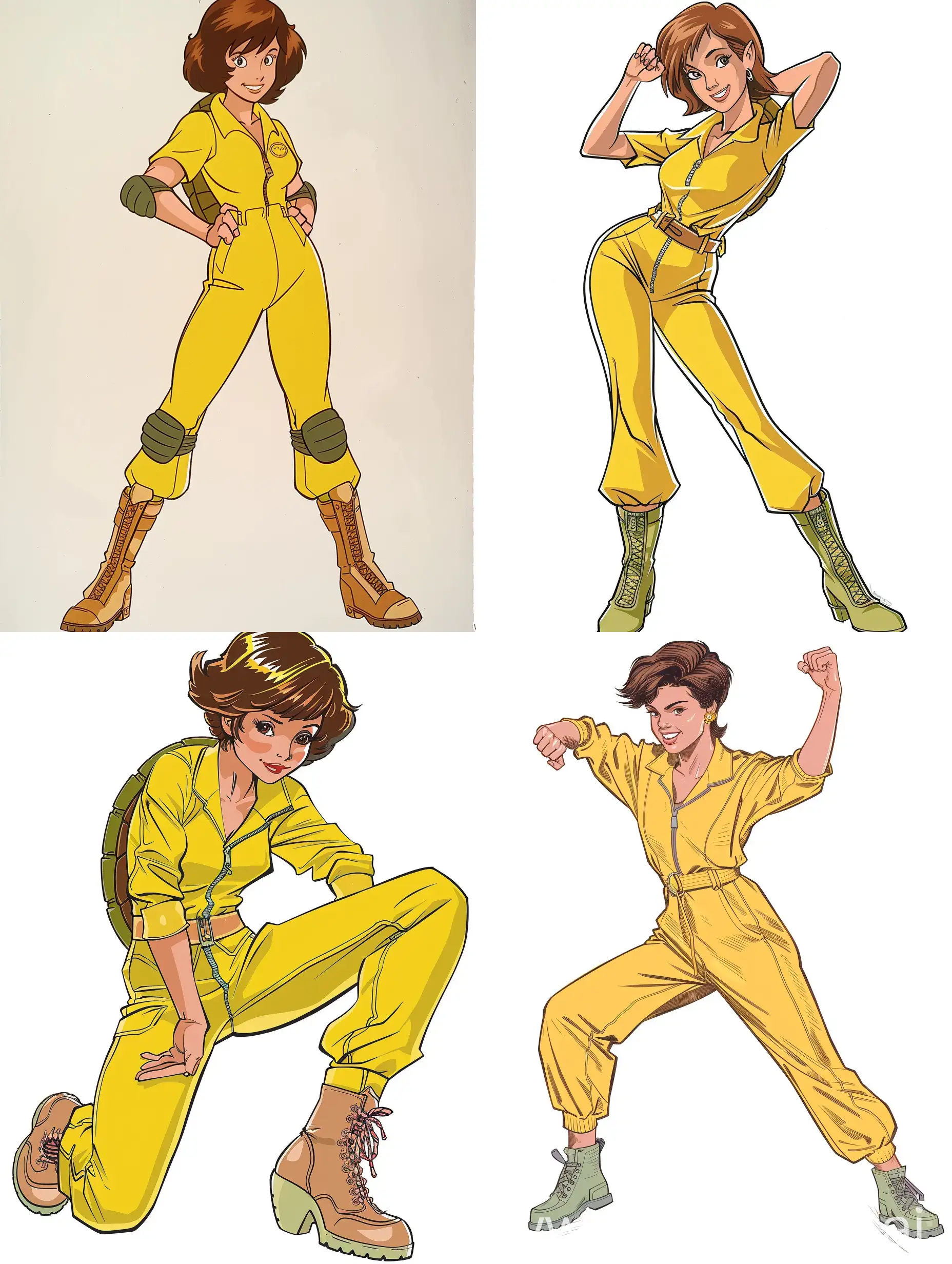 April O’Neil from Teenage Mutant Ninja Turtles 1987 Cartoon, Short Hair, Yellow Jumpsuit, Zipper, While Boots, Posing, Cartoon Style, 1980s