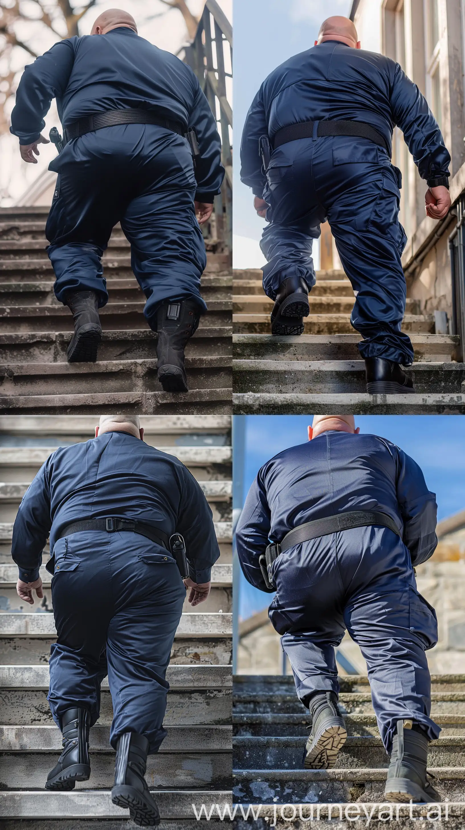 Close-up knee-level back view photo of a fat man aged 60 wearing a silk navy security guard skinny-fitted full coverall tucked in black tactical boots. Black tactical belt. Climbing stairs slowly with straight legs and body. Outside. Bald. Clean Shaven. Natural light. --style raw --ar 9:16