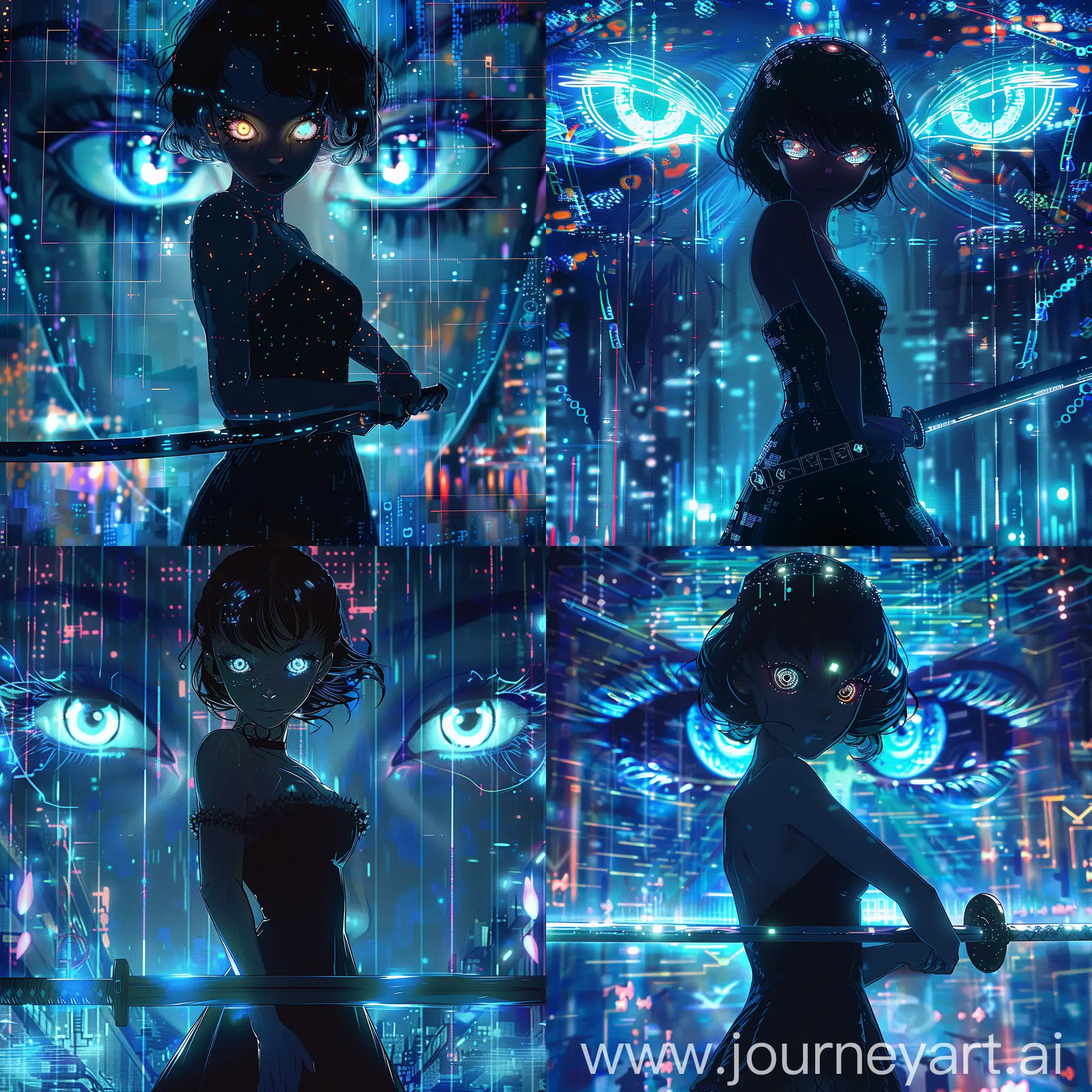 https://i.postimg.cc/hjNRHsXH/1708871343088-1.png holography, astration, девушка со светящимися глазами с мечом в руках стоит на фоне цифрового фона, девушка одета в черное платье