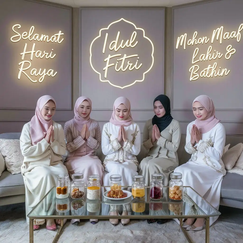 Photo in one of the Korean studios, 5 beautiful women aged 20 years, dressed in contemporary Muslim clothing, posing while praying, sitting on a luxurious soft sofa. on the glass table there are many clear jars containing food & drinks. On the walls there are large neon writings. "SELAMAT HARI RAYA" "IDUL FITRI" "Mohon Maaf Lahir & Bathin" in light gold font.