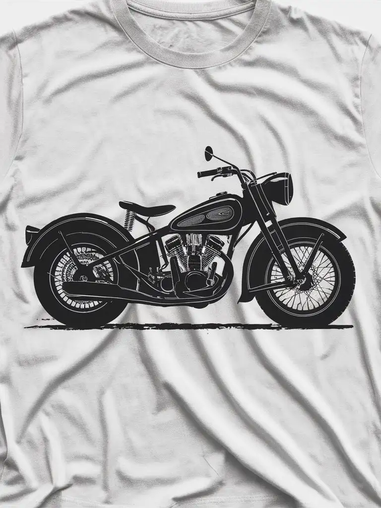  t shirt mockup template, black silhouette vintage hipperdetailed motorcycle, xilogravure style, t shirt mockup template, white background