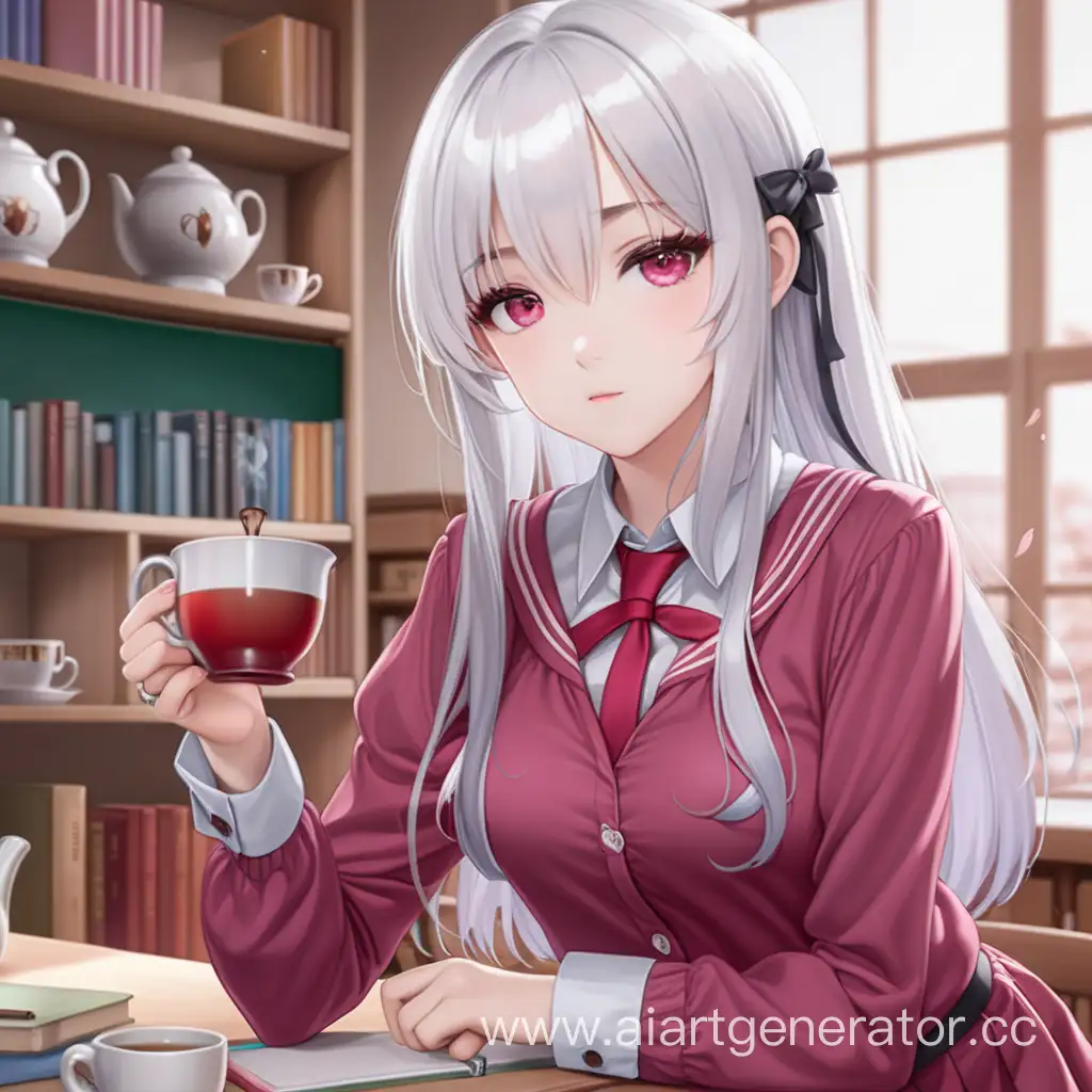 sexy school girl cute, white hair, pink eyes, red blouse, in stockings modest love tea