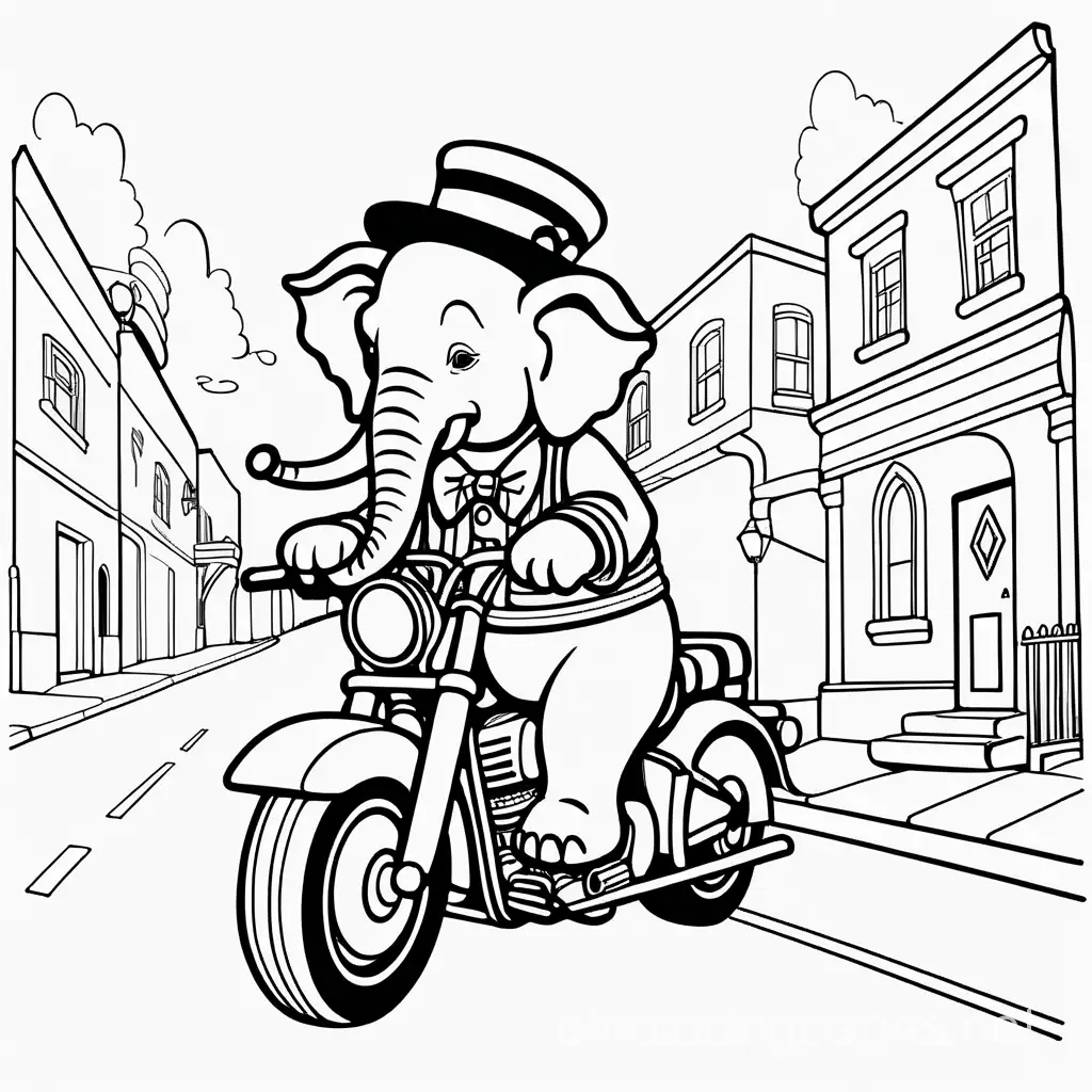 Elephant dressed as a clown riding a motorcycle on a street
, Coloring Page, black and white, line art, white background, Simplicity, Ample White Space. The background of the coloring page is plain white to make it easy for young children to color within the lines. The outlines of all the subjects are easy to distinguish, making it simple for kids to color without too much difficulty