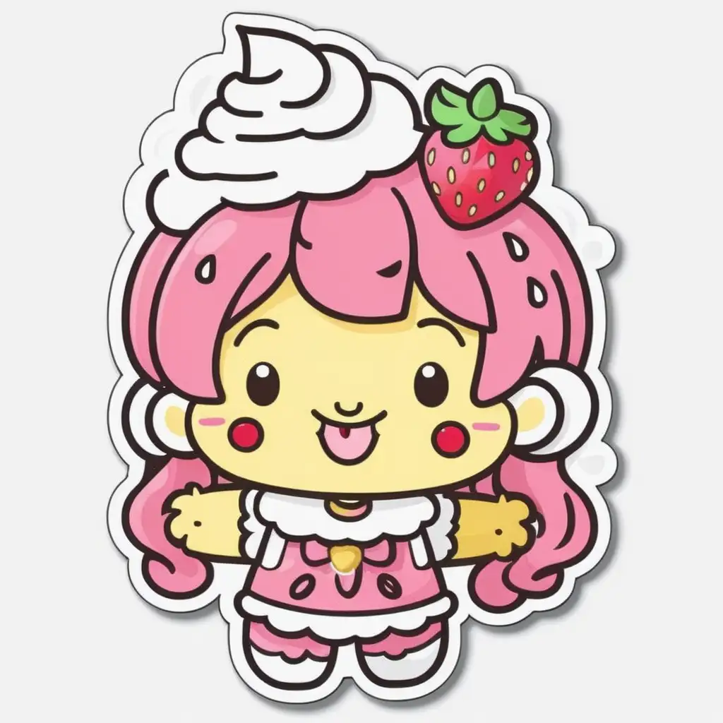 Sticker, Laughing KAWAII strawberry banana shortcake with Whipped Cream Hair, food illustration, mixed 
styles, contour, vector, white background