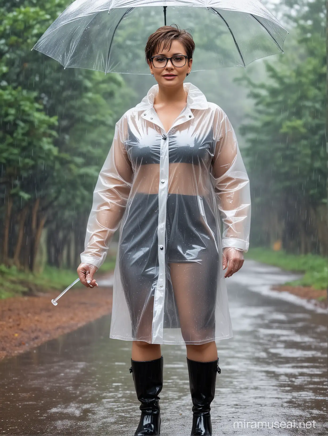 mature, attractive, glamourous, confident,   woman, with a fuller figure, short hair, glasses, standing in the rain wearing, long, tight, transparent latex rain coat, over latex clothing, boots and gloves, with an aura of female supremacy,