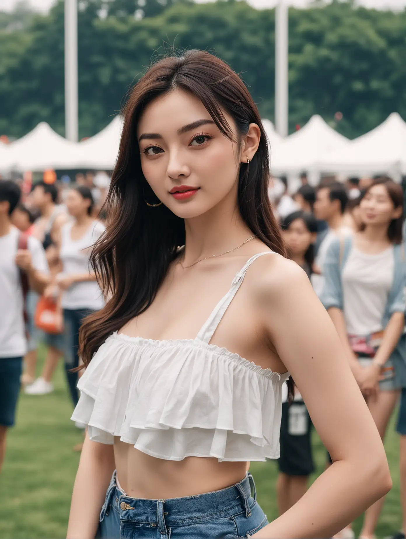 Jing Tian, Social media influencer photoshoot, 20-25 years old, natural pose, music festival, hyperrealistic, photorealism, shot on a Sony A7III --ar 1:2 --style raw