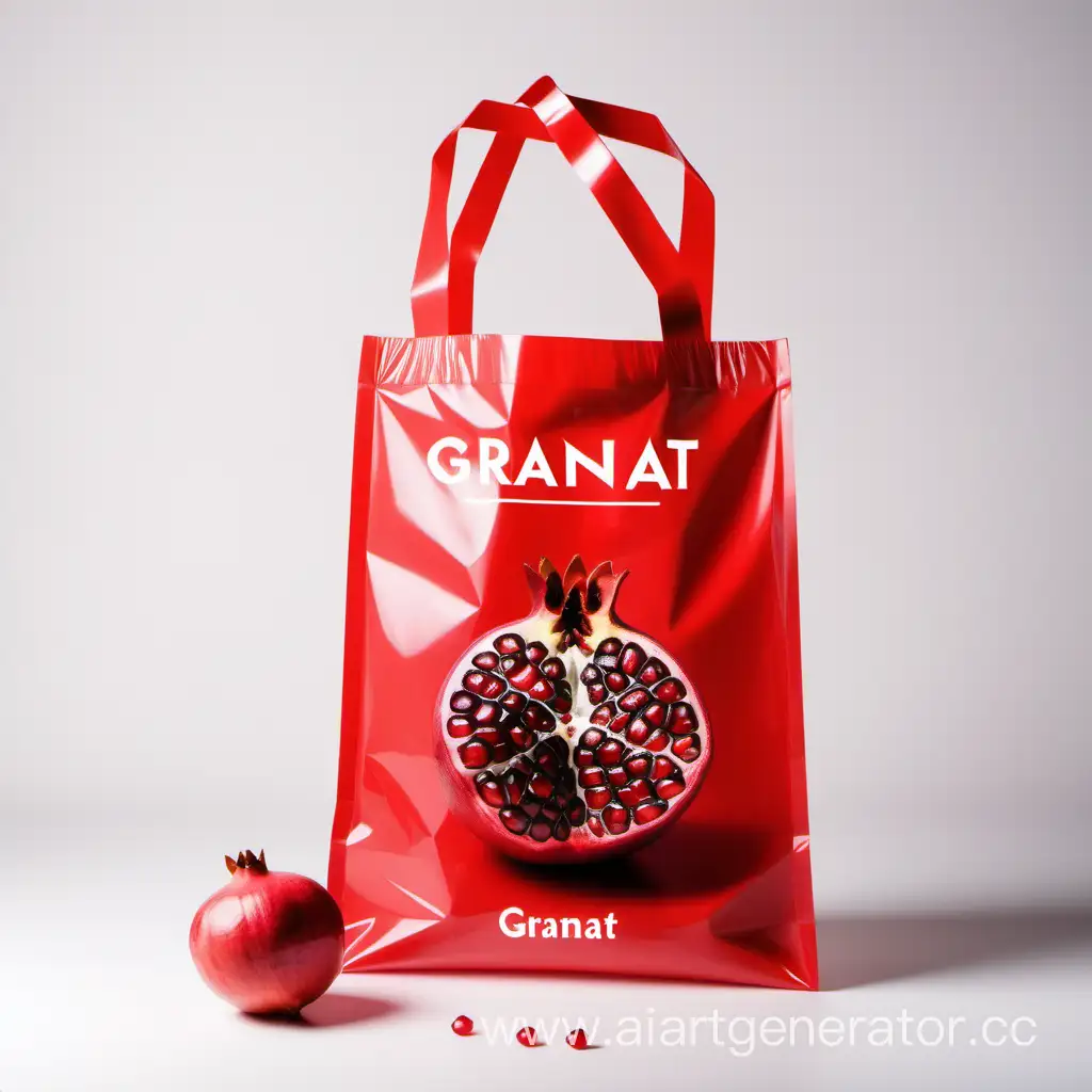 красный пакет-пластиковый с ручками  на белом фоне с изображением на нем фрукта гранат и надписью  "Granat"