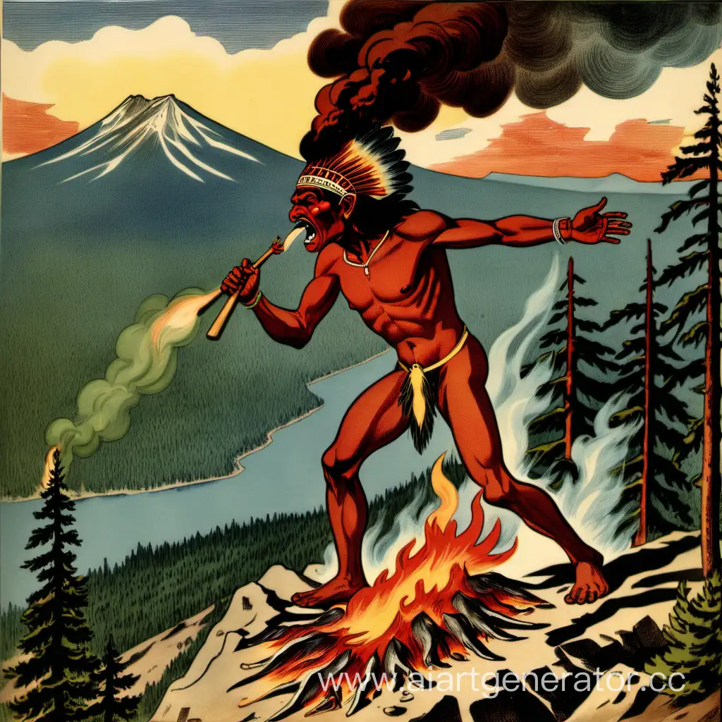indian spirit spewing fire from his mouth, from the top of the erupting mt mazama, all forest below the mountain  is on fire