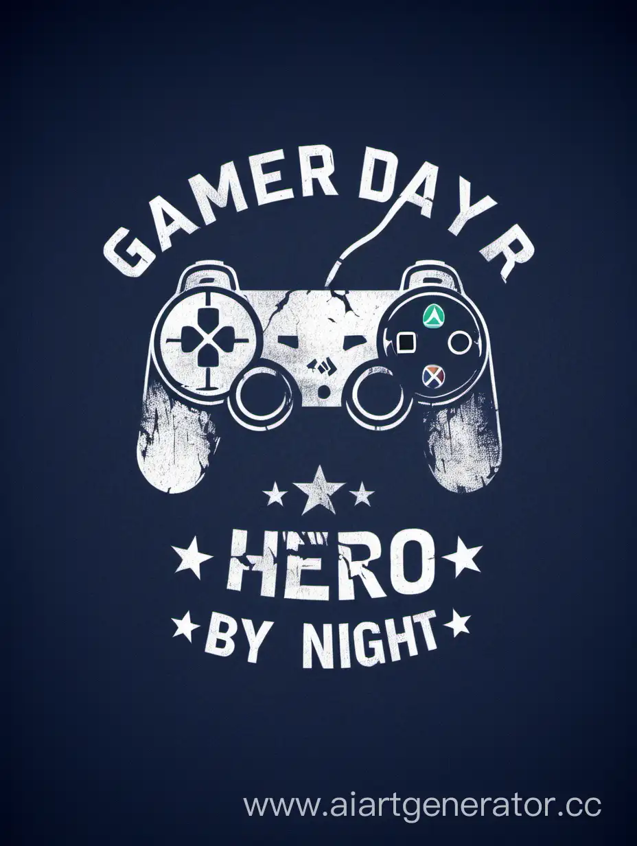 "Gamer by day, hero by night."with distressed textures and, remote Playstation, worn-out designs, giving a vintage and worn-in look to the logo t-shirt, high quality, 4k
