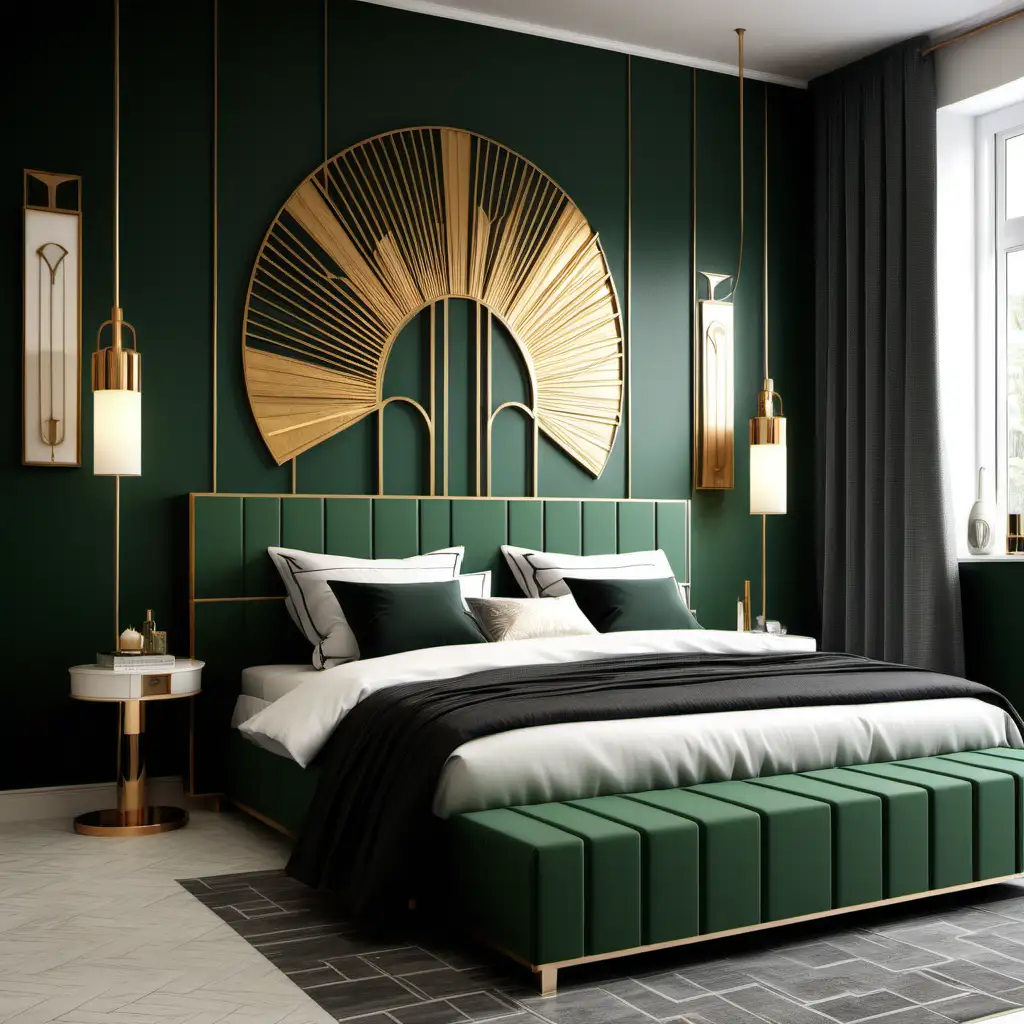 Art Deco Bedroom Design with Rall 3032 and Ral 6028 Accents