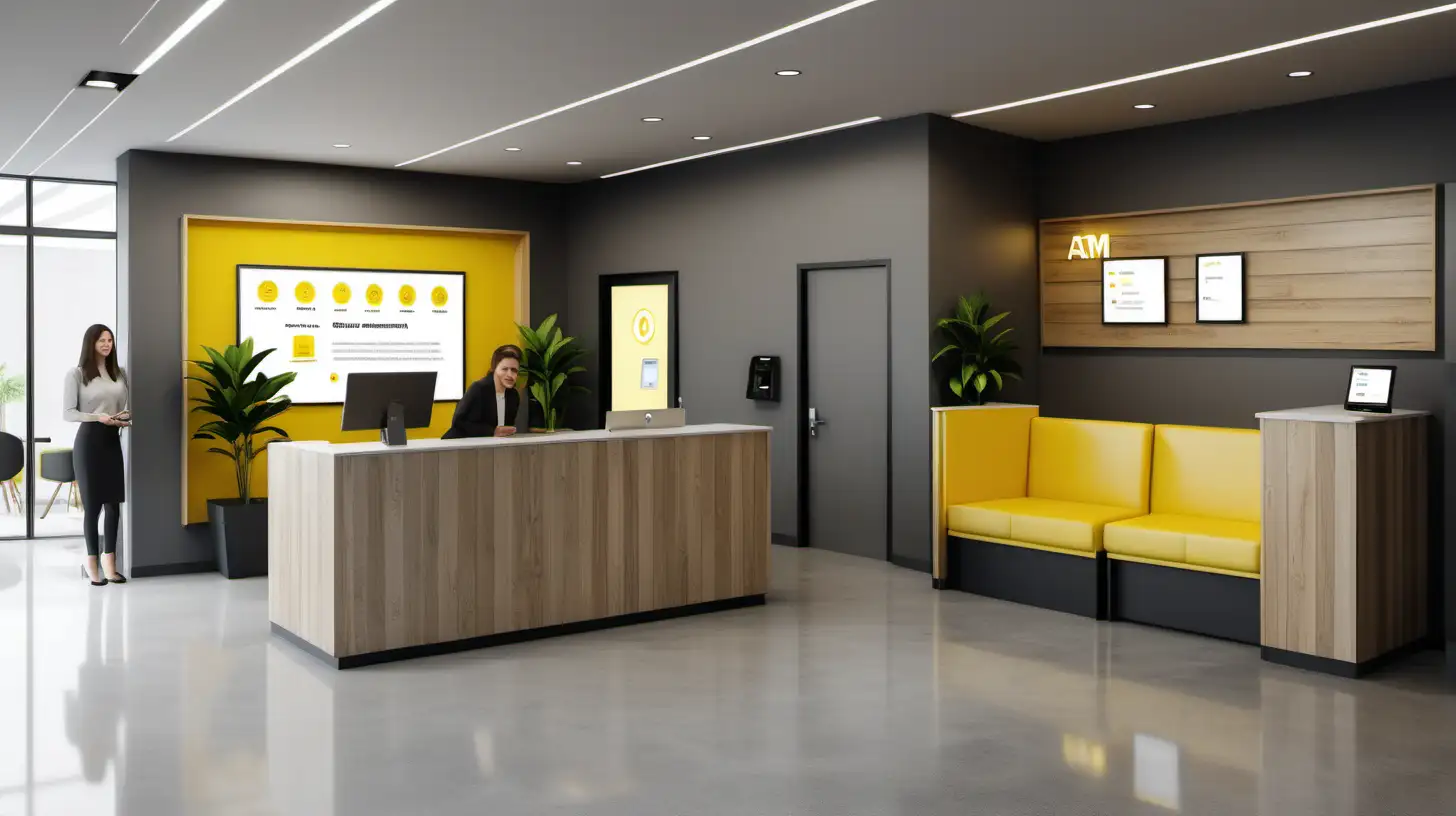 A modern industrial office lobby with a light grey wall and some wooden panels and some lemon yellow accent. There is a standing electronic self-registration in desk by the door. Then there are two small standing reception booth with two lady smiling greeting the guest. At the end of the lobby, there is a cozy customer lounge area with couch and tables, with an ATM machine on the corner. There are some small green plant in pots at some corners.