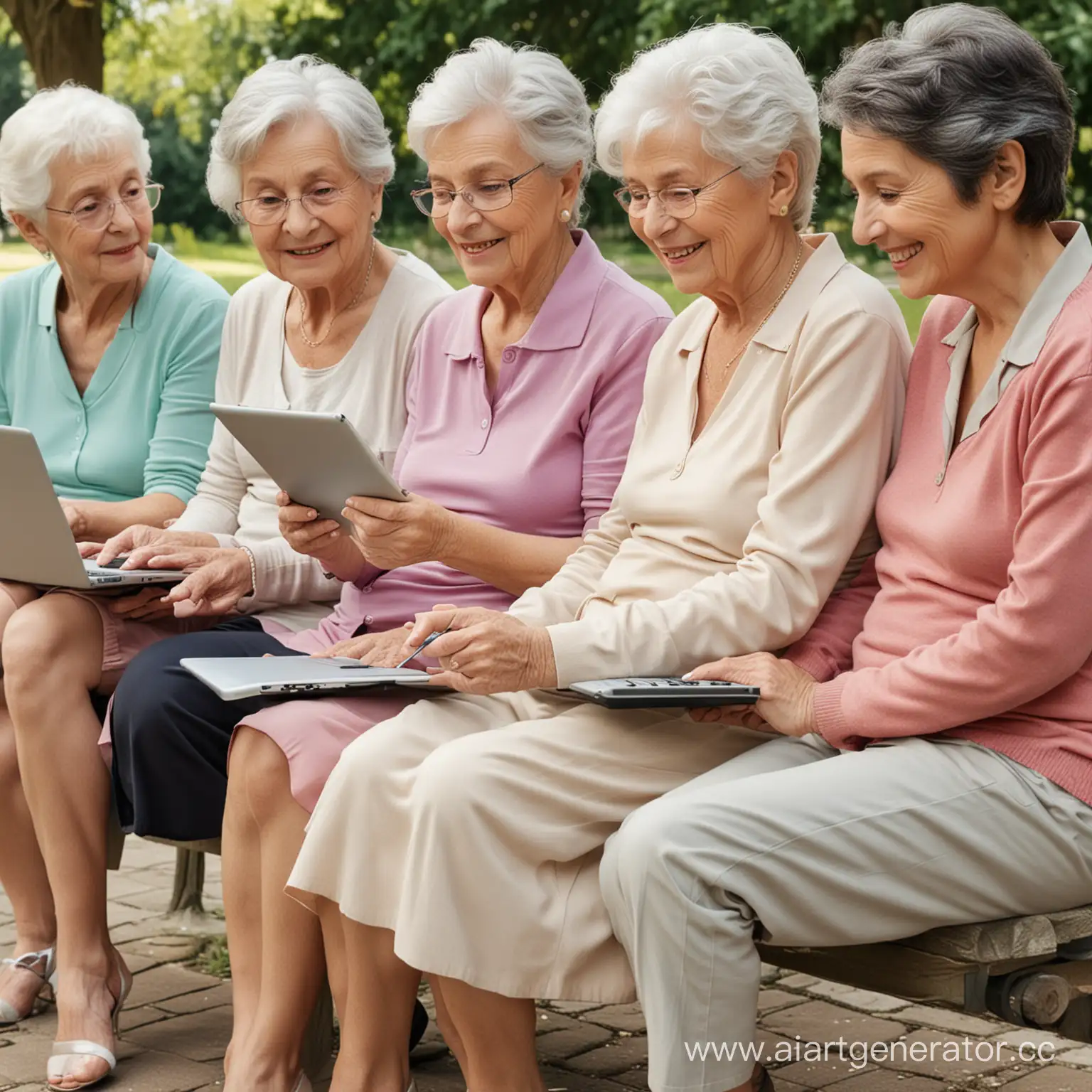 Four elderly ladies sit on a bench, and one of them has a computer with internet on her thighs, writing something, while the others looking at her monitor