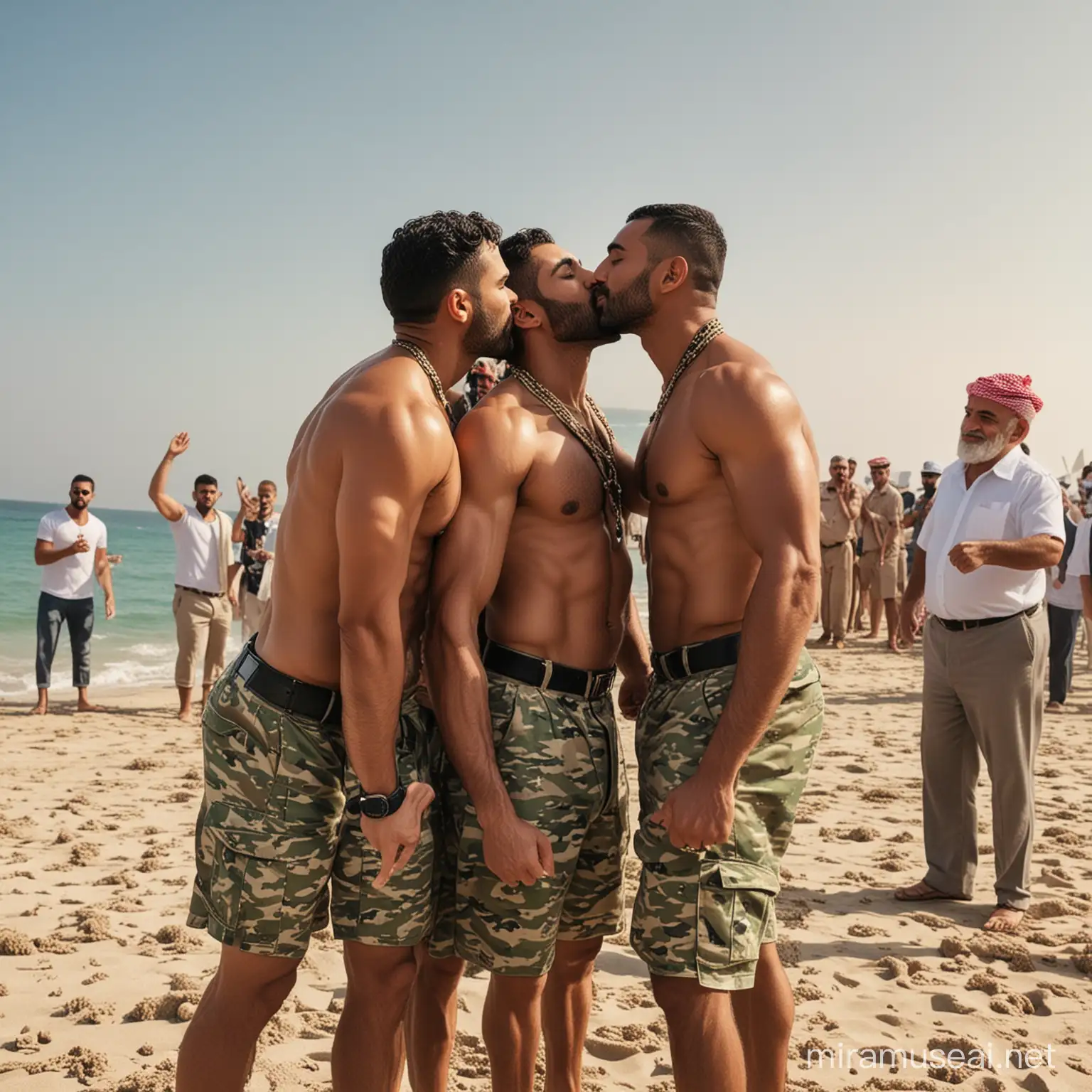 three arabic muscular men wearing military uniform kiss in the beach under the arin sorrounded by a crowd of cheering old men