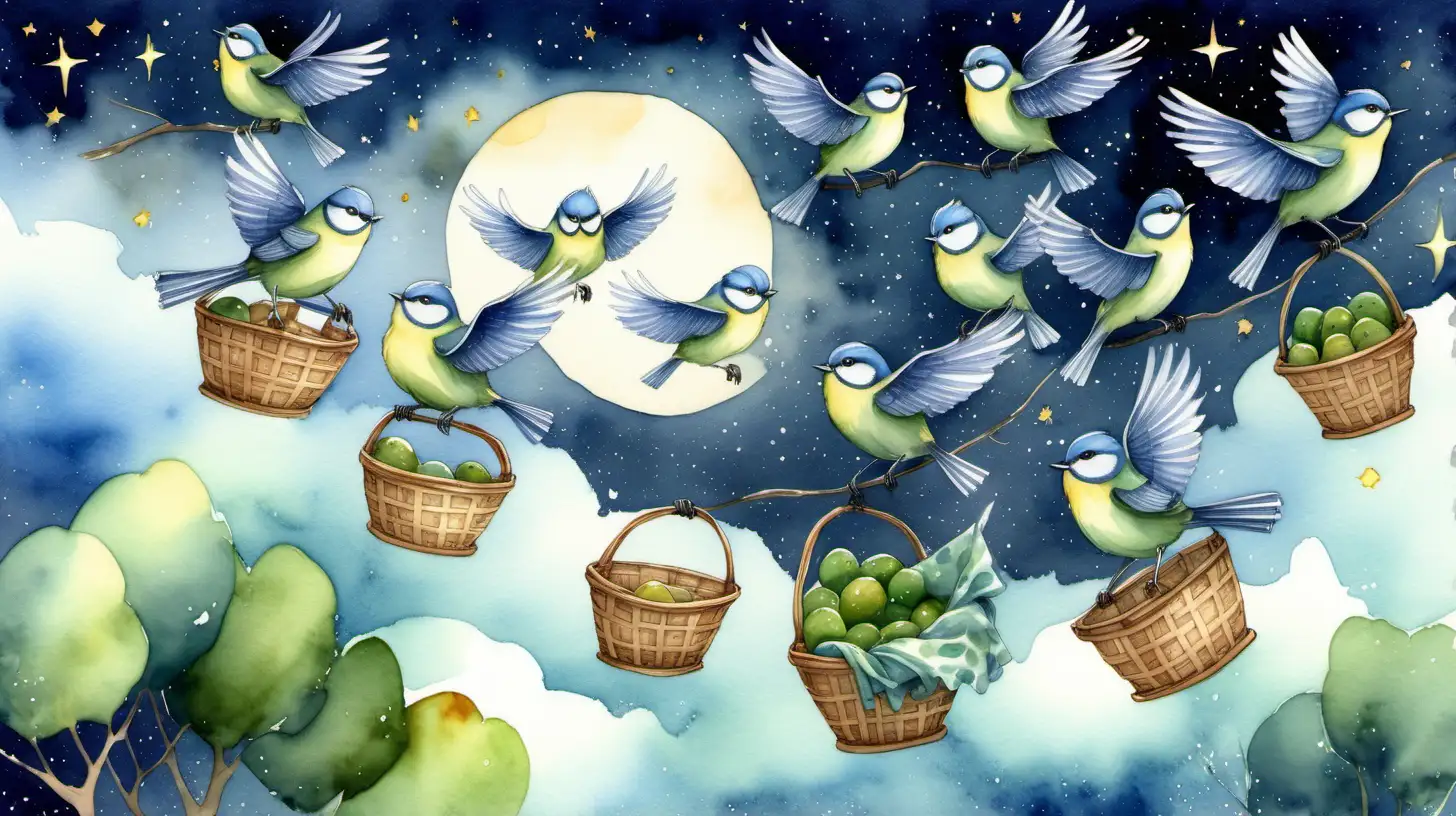 A watercolor picture for a storybook of a flock of blue tits flying through the night sky all carrying  baskets covered with green cloth. Include space for the text to be inserted later.