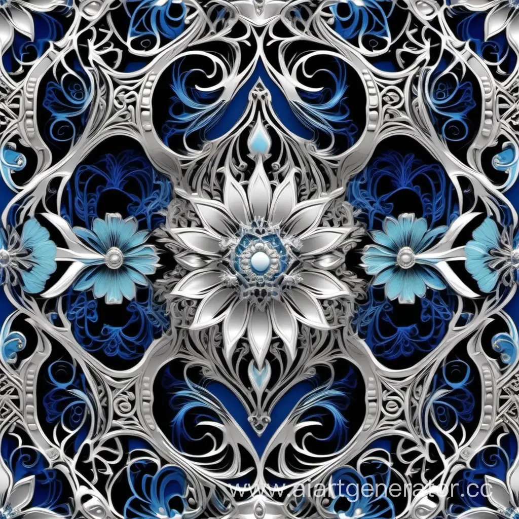 A digital background that features intricate filigree patterns reminiscent of fine metalwork or lace. The deep vivid hues of navy blue, cyan, gray,  silver and cream intertwine and overlap to form organic shapes and floral motifs. Touches of black throughout add contrast and definition. Shimmering accents in lustrous silver foil are incorporated into the filigree, lending a magical, ethereal quality.  The overall style evokes fantasy and romance with its delicate details. Diffuse lighting gives the impression of an oil painting, soft and otherworldly. The depths of color and metallic embellishments come together to create a visually striking backdrop that looks like it could illustrate the pages of a fairy tale or decorate the walls of a palace. Yet the patterns and adornments maintain an abstract, artistic sensibility as well.