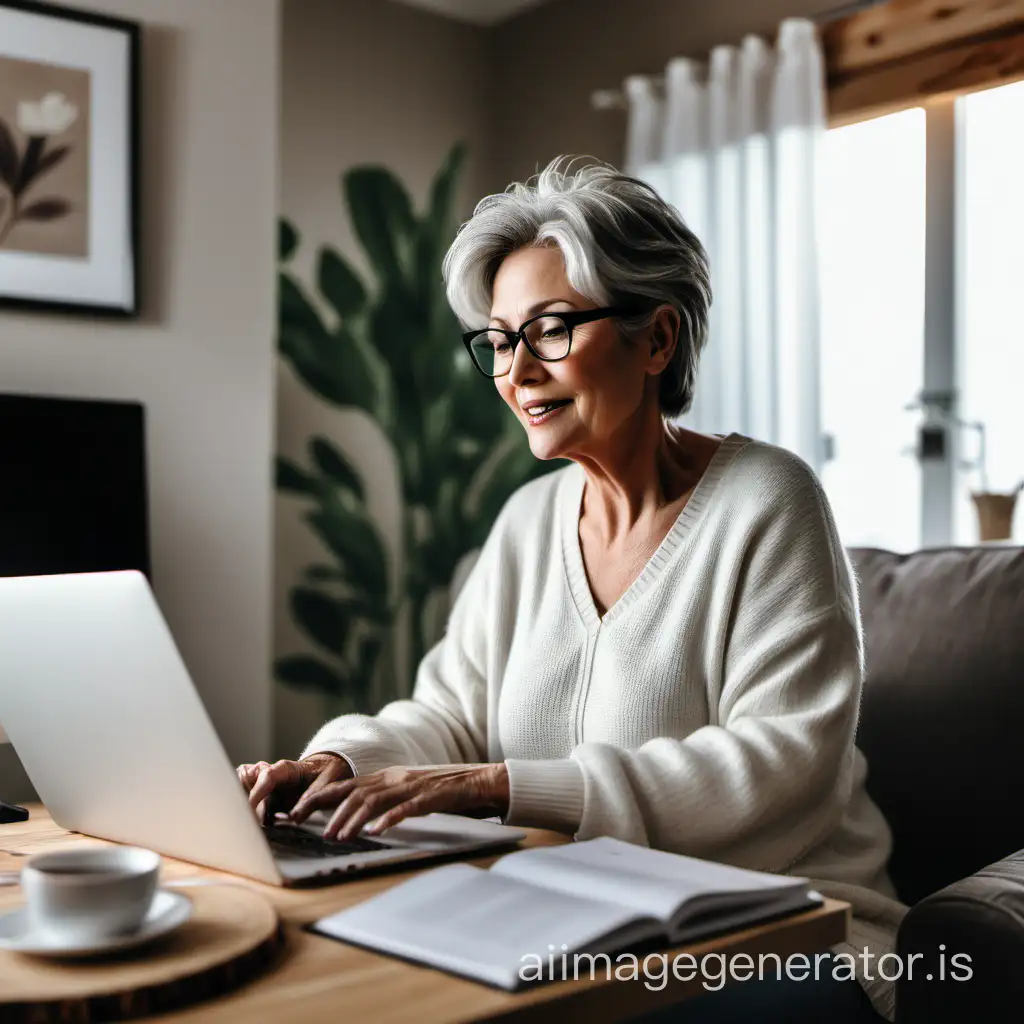 a woman in her 50's working remotely as a virtual assistant in her cozy home