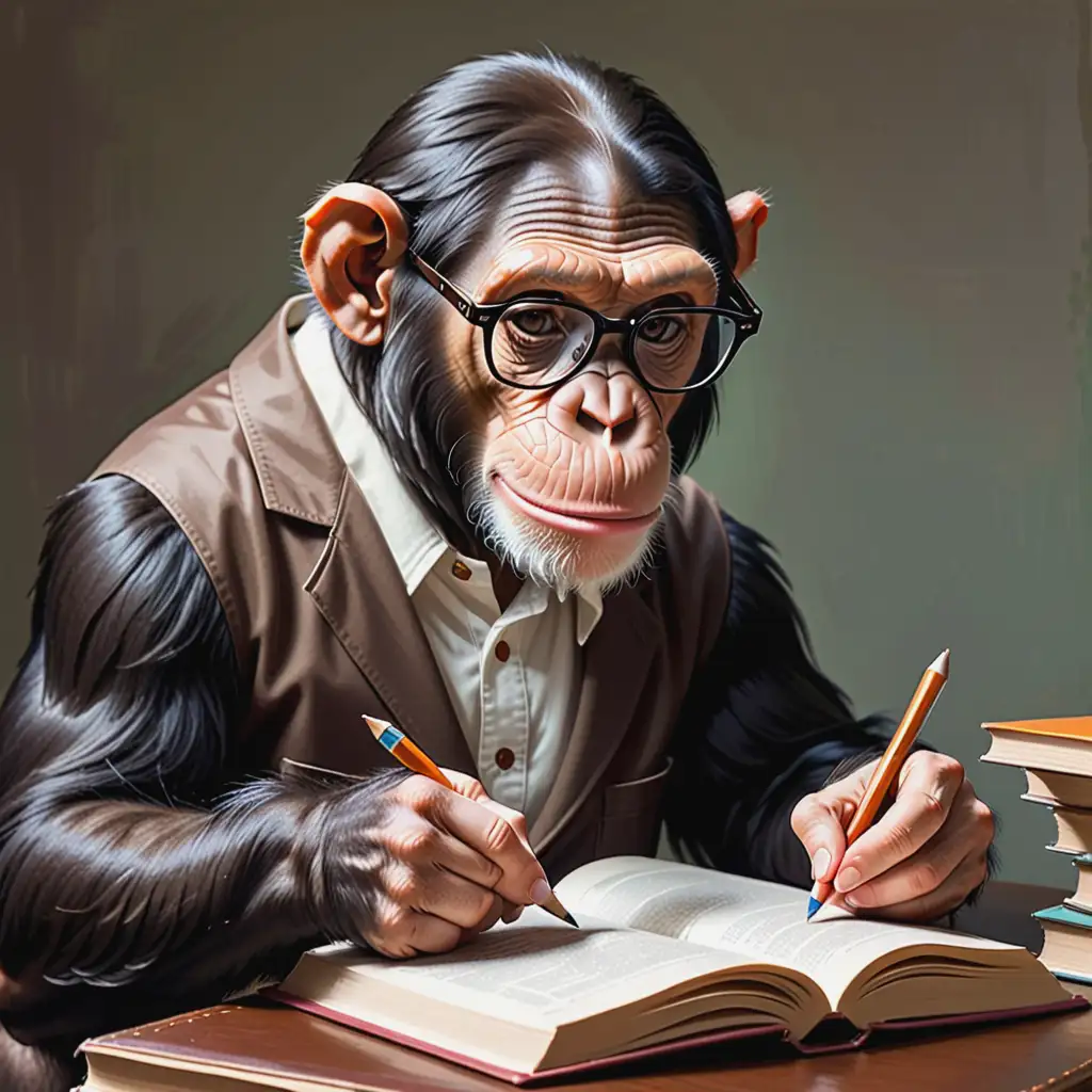 Chimpanzee in glasses reading Dostoevsky, art in the style of Russian modernism drawing