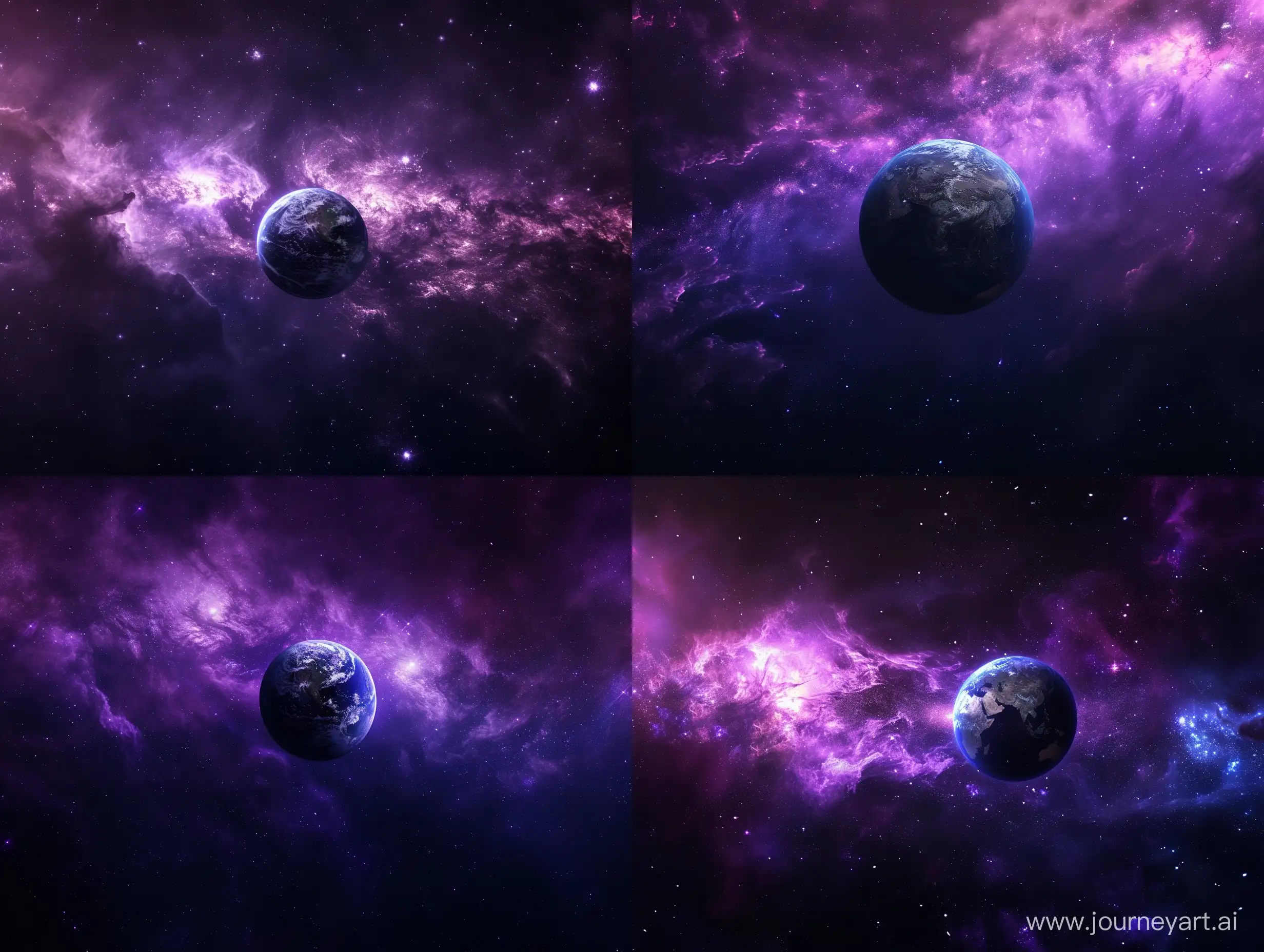 wide screen image. dark purple and dark blue and black color theme. background: galaxy. earth object with diameter of 30% of image height. Earth object in the image center. 