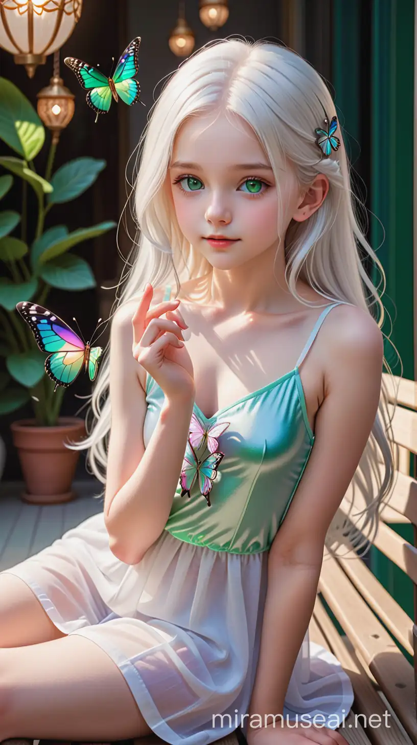 a beautiful twelve years old girl, with white hair, sparkling green eyes, white porcelain skin, long hair, laiying on a bench, wearing a white camisole, a the back of the room there is a big vitral with amazing colors shining. she is holding a pretty butterfly on er finger.