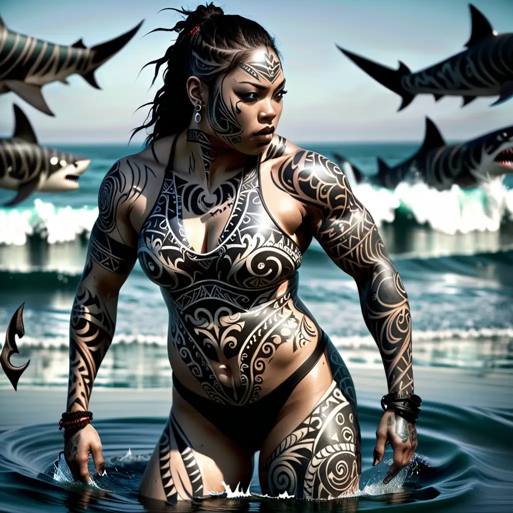 A water demon. She resembles a shark. She's covered in tribal tattoos. like a siren. She is built like a female powerlifter. She is wearing a swimsuit