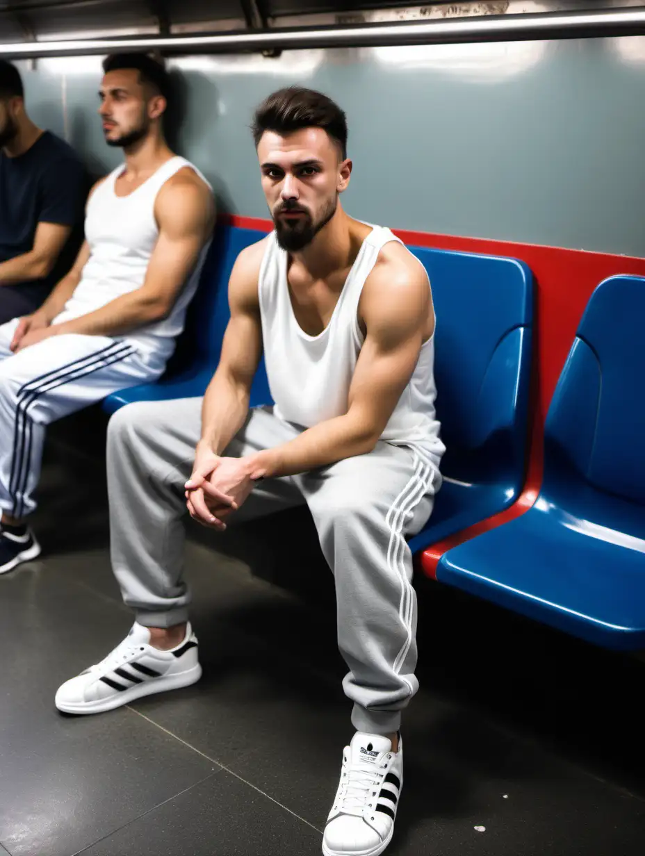 athletic british chav with short beard wearing white tank top and grey sweatpants and adidas sneakers manspreading in the underground with other people on the background