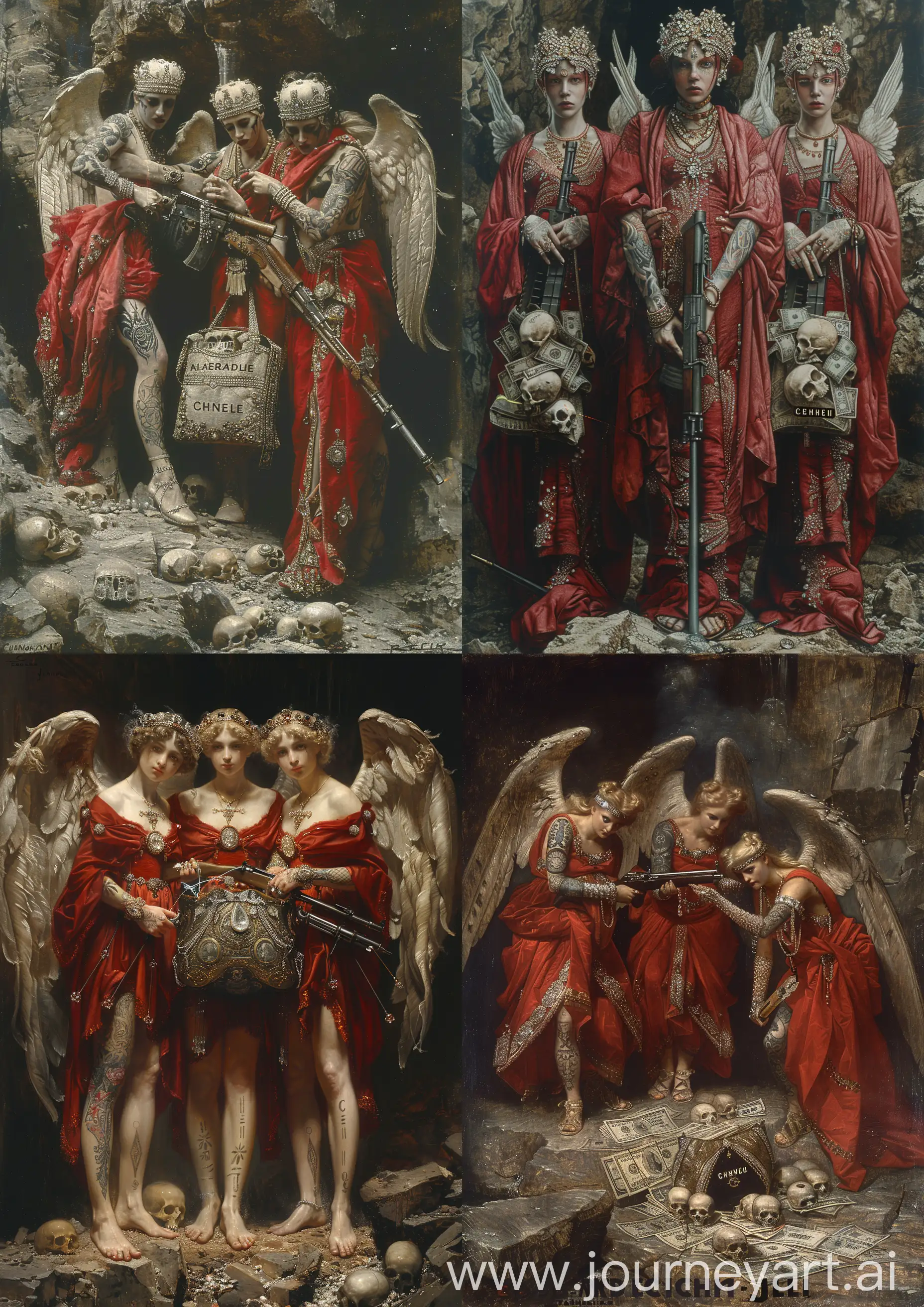 Edward Burne-Jones painting of 3 tattooed female  angel warrior wearing red clothes ornate in diamonds, silk and robes, welding a kalashnikov and a CHANEL  bag full of money and skulls, standing on a rock, high tones, high detailed, full body —c 22 —s 750 —v 6.0 —ar 5:7