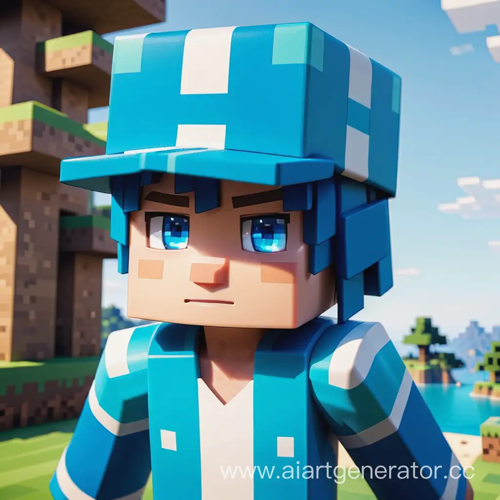 Minecraft-Character-with-Blue-Skin-and-Cap-against-Striped-Background