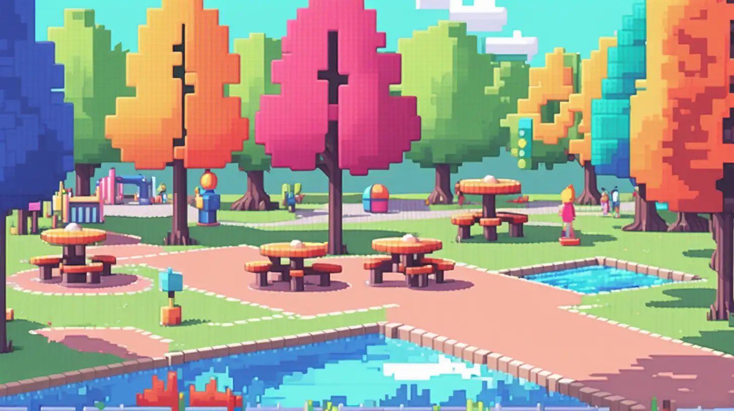 Vibrant Pixel Art Scene Playful Fun in a Colorful Park