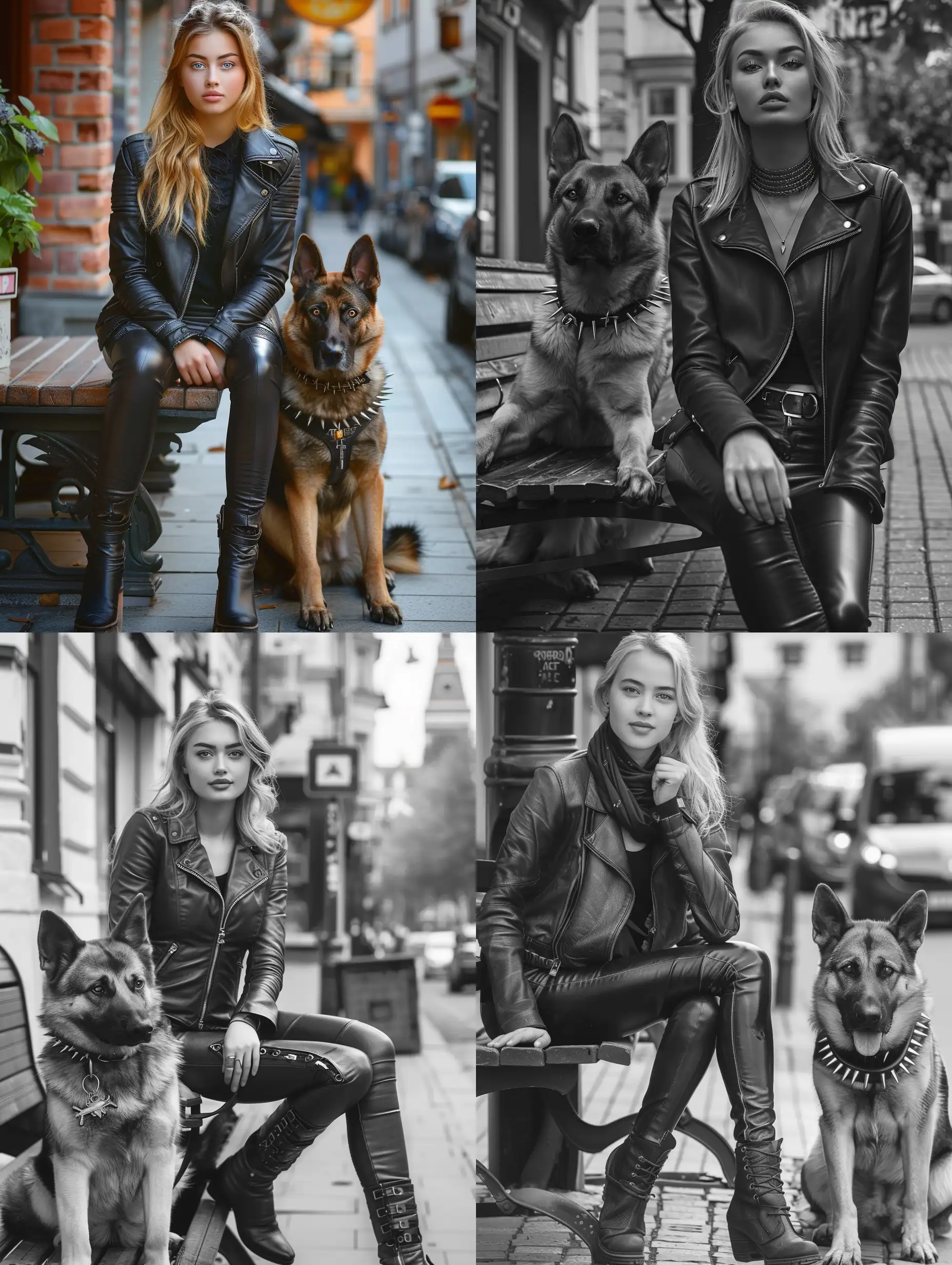 Stylish-Blonde-Girl-and-her-Calm-German-Shepherd-on-a-City-Bench