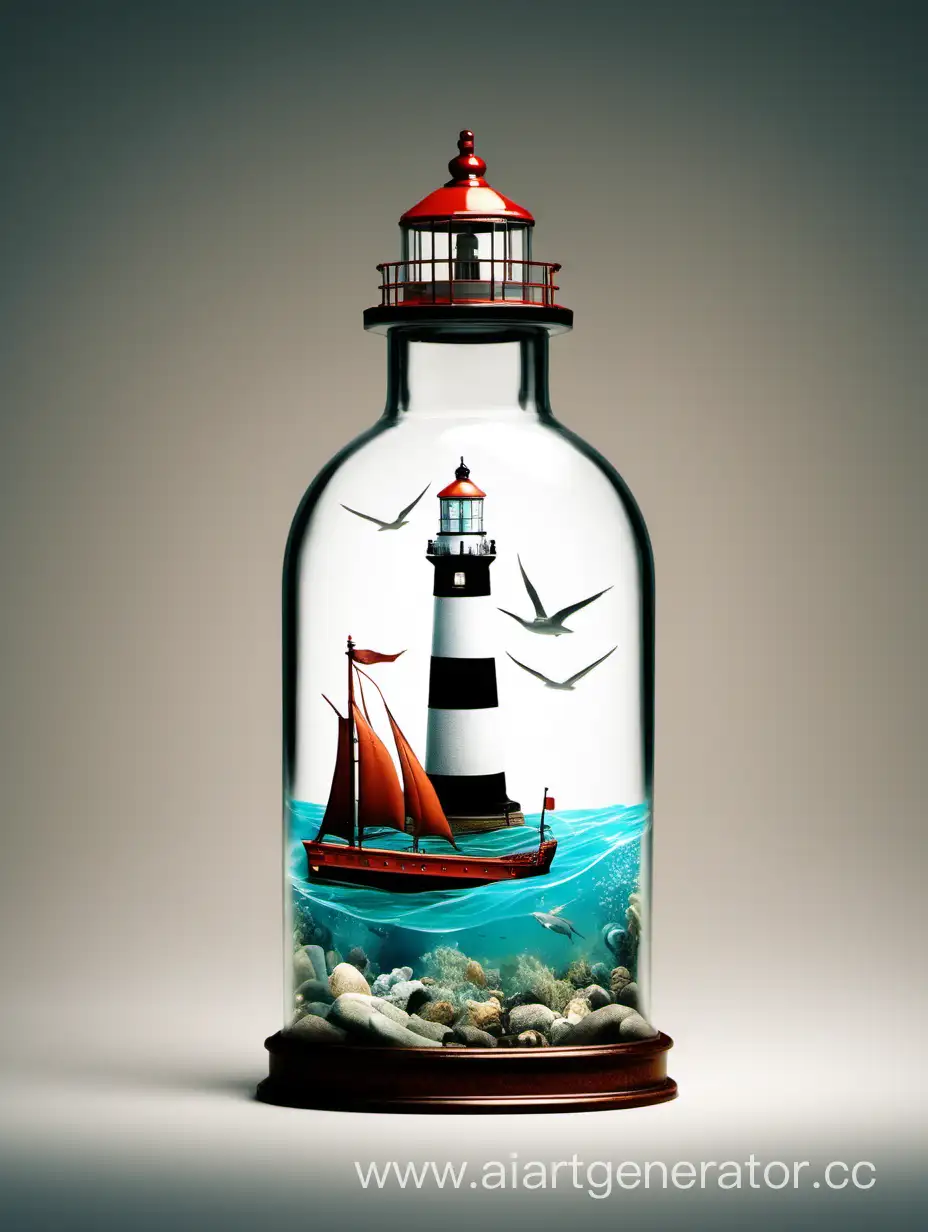 Seascape-Majestic-Lighthouse-and-Ship-in-a-Bottle