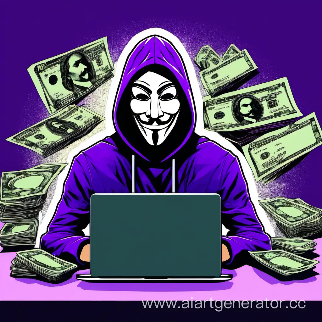 A guy in an anonymous mask, close-up, sits at a laptop. There are bank cards, money and mammoths around. in purple color