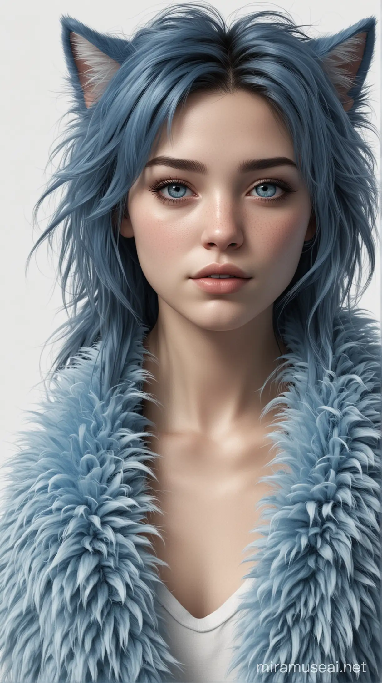 blue furry girl avatar person white background photo realistic 
